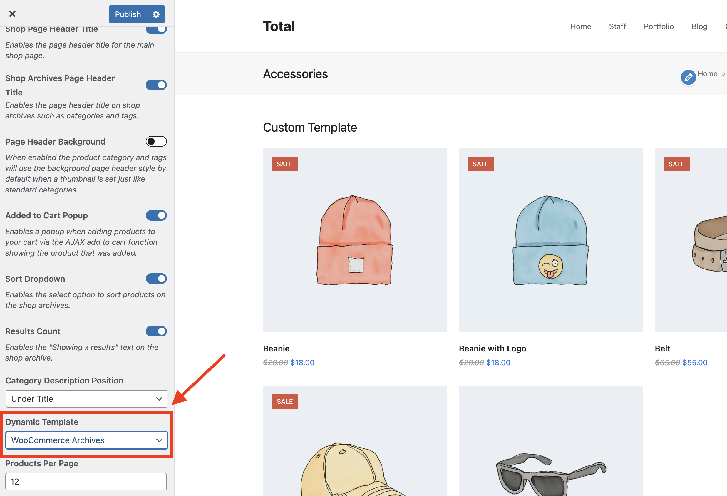 Total theme WooCommerce archive dynamic template select