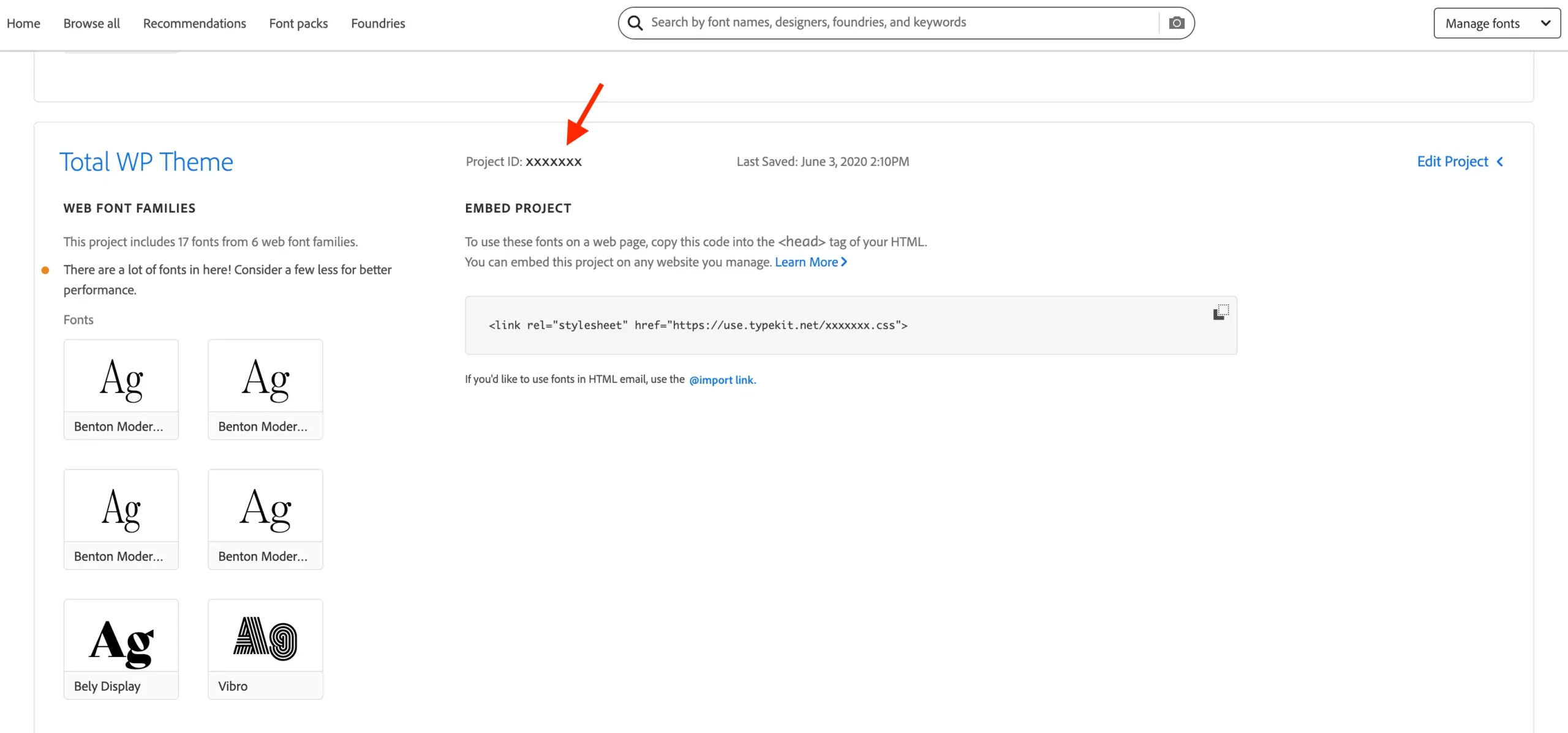 Adobe fonts project id location