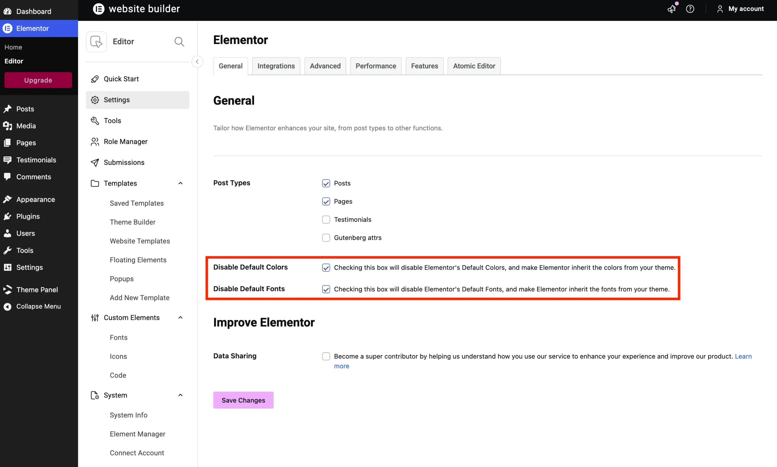 Elementor disable default colors and default font general settings