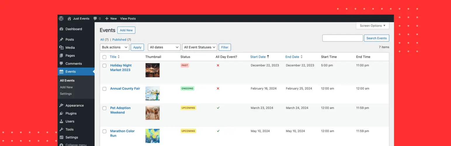 Just Events Plugin Banner