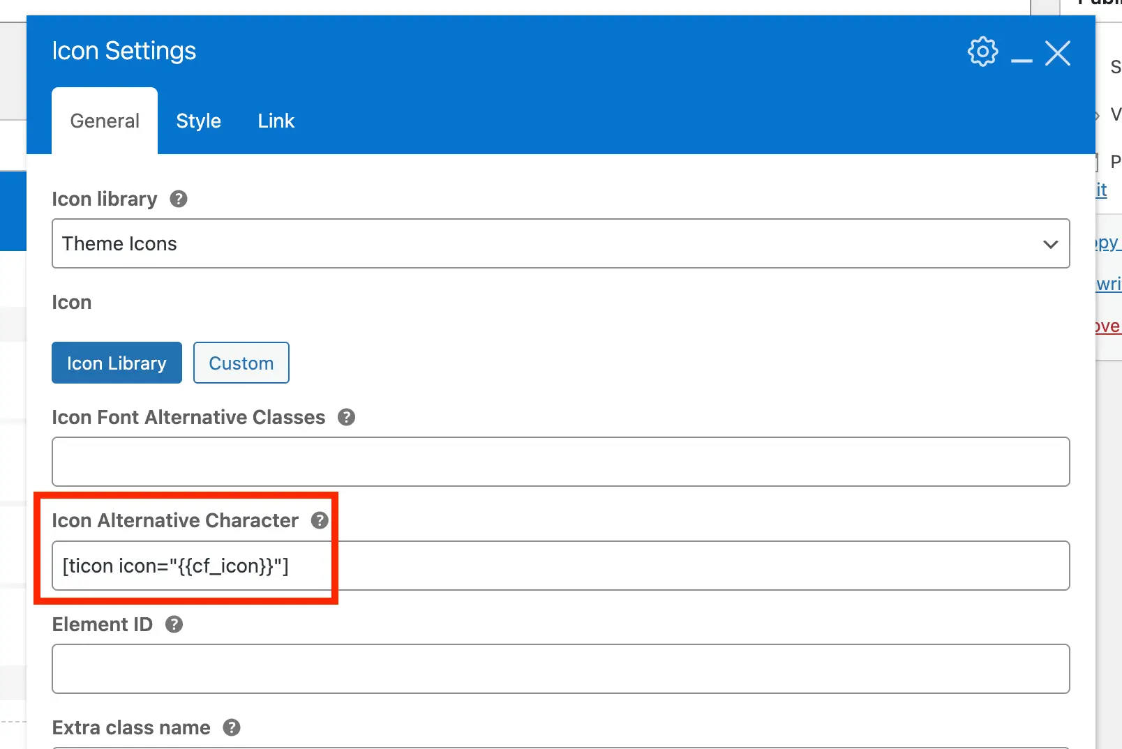 Total theme showing a custom field defined icon in a WPBakery field