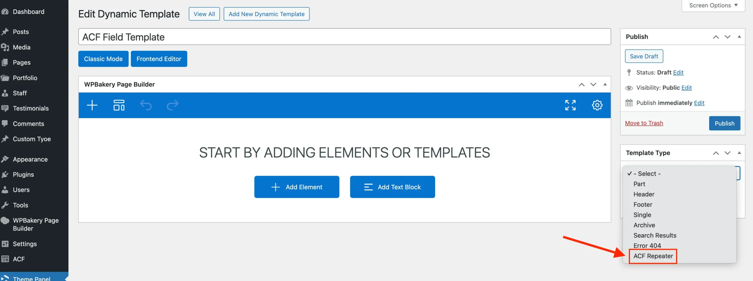 Total theme acf repeater template type select