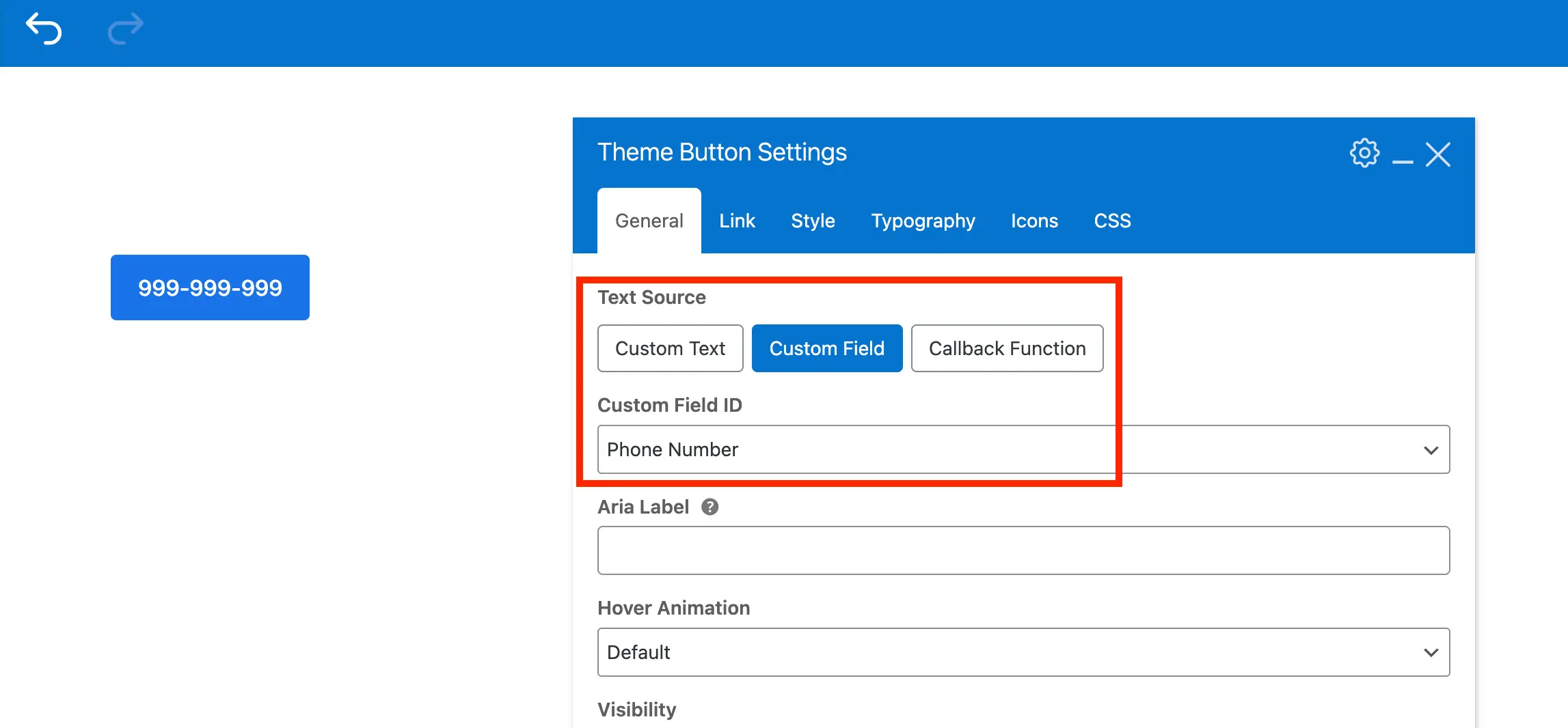 Total WordPress theme button element custom field text source phone number