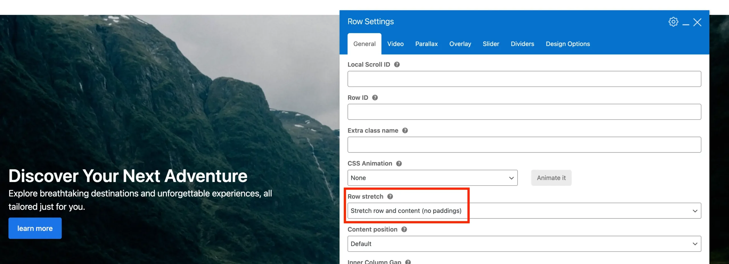 Total theme row stretch content no padding setting