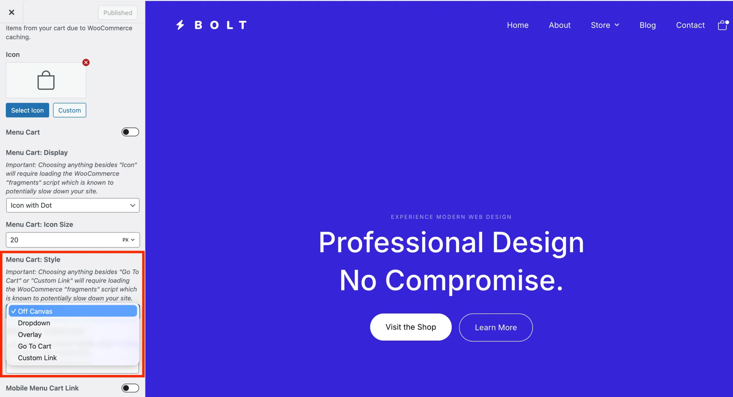 Total menu cart style select