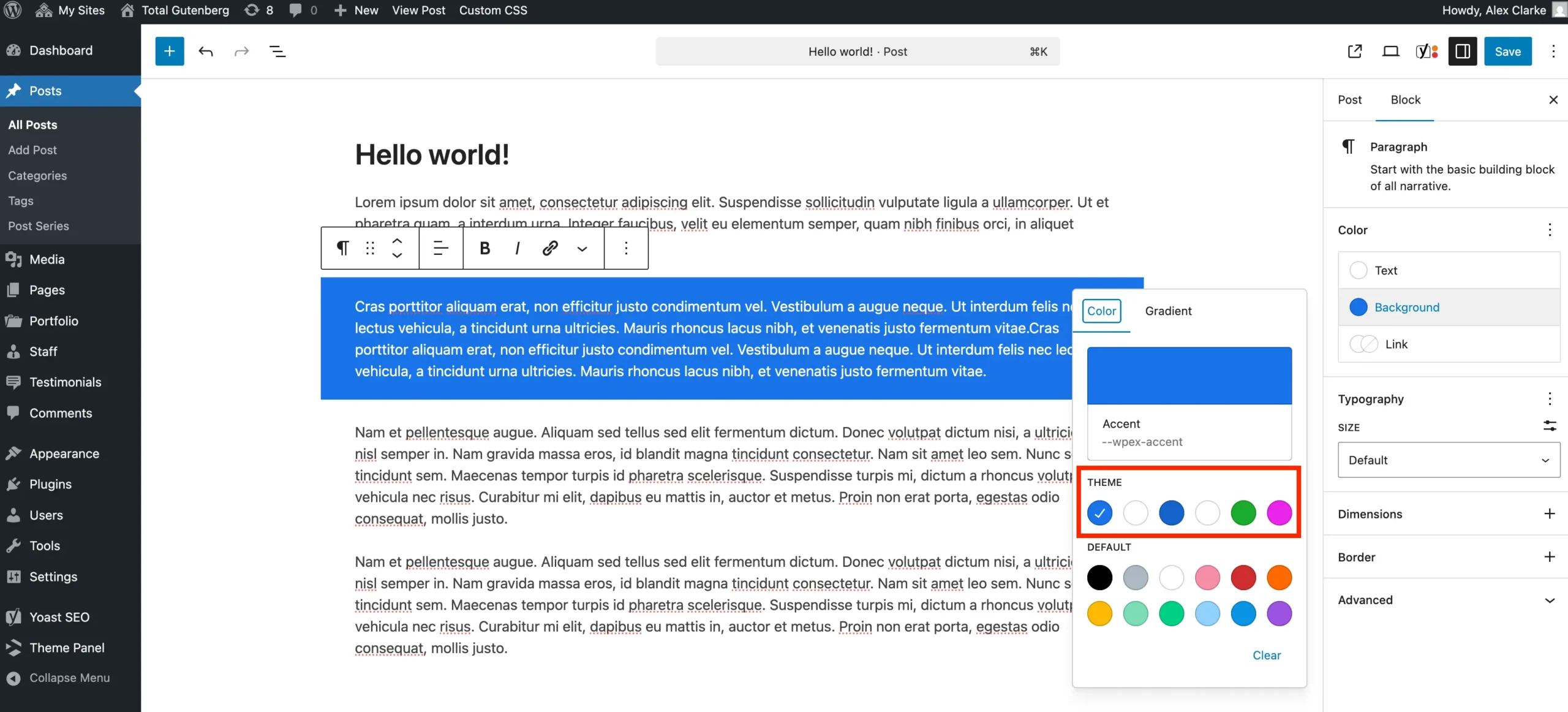 Total theme color palette select color in Gutenberg editor