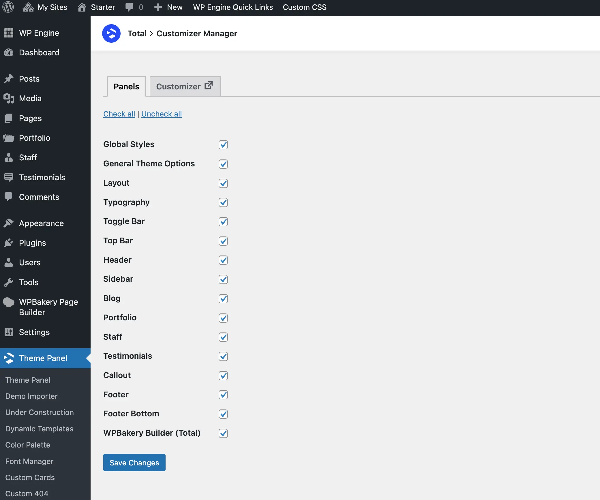 Total theme customizer manager