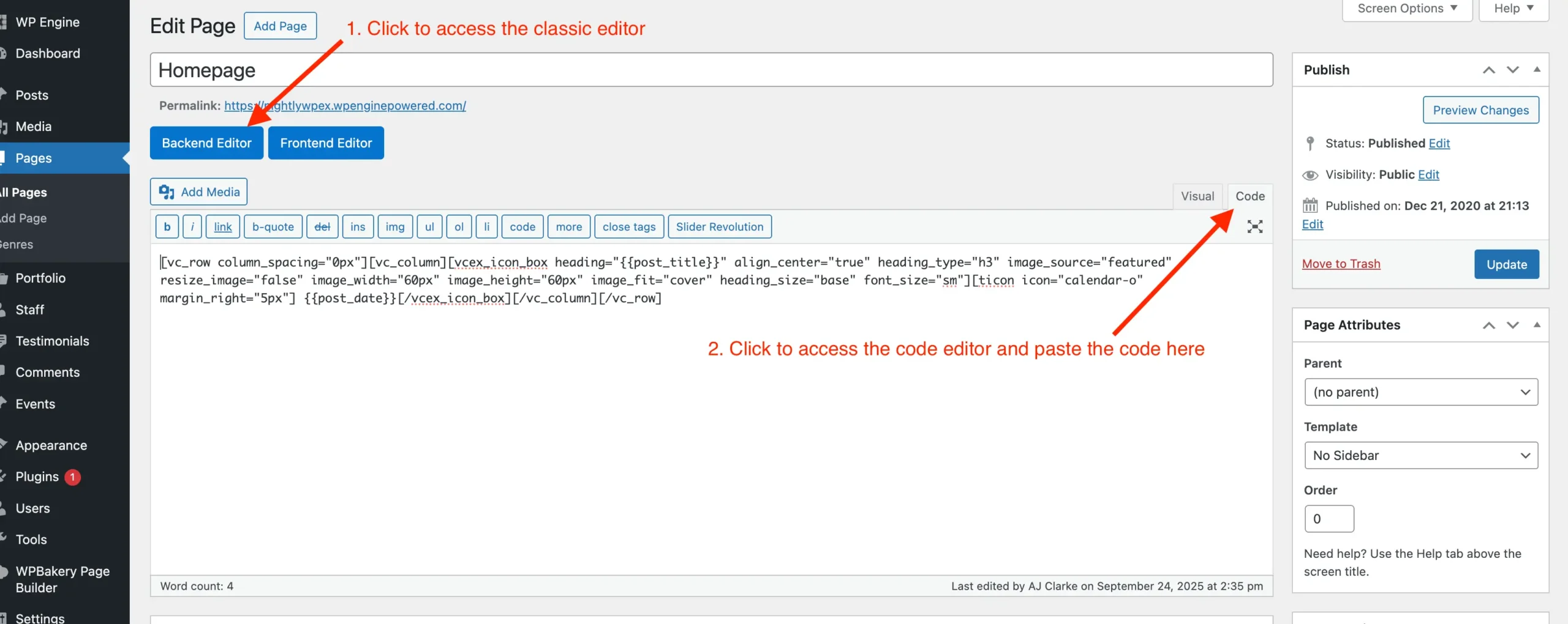 Switch to WordPress editor code mode