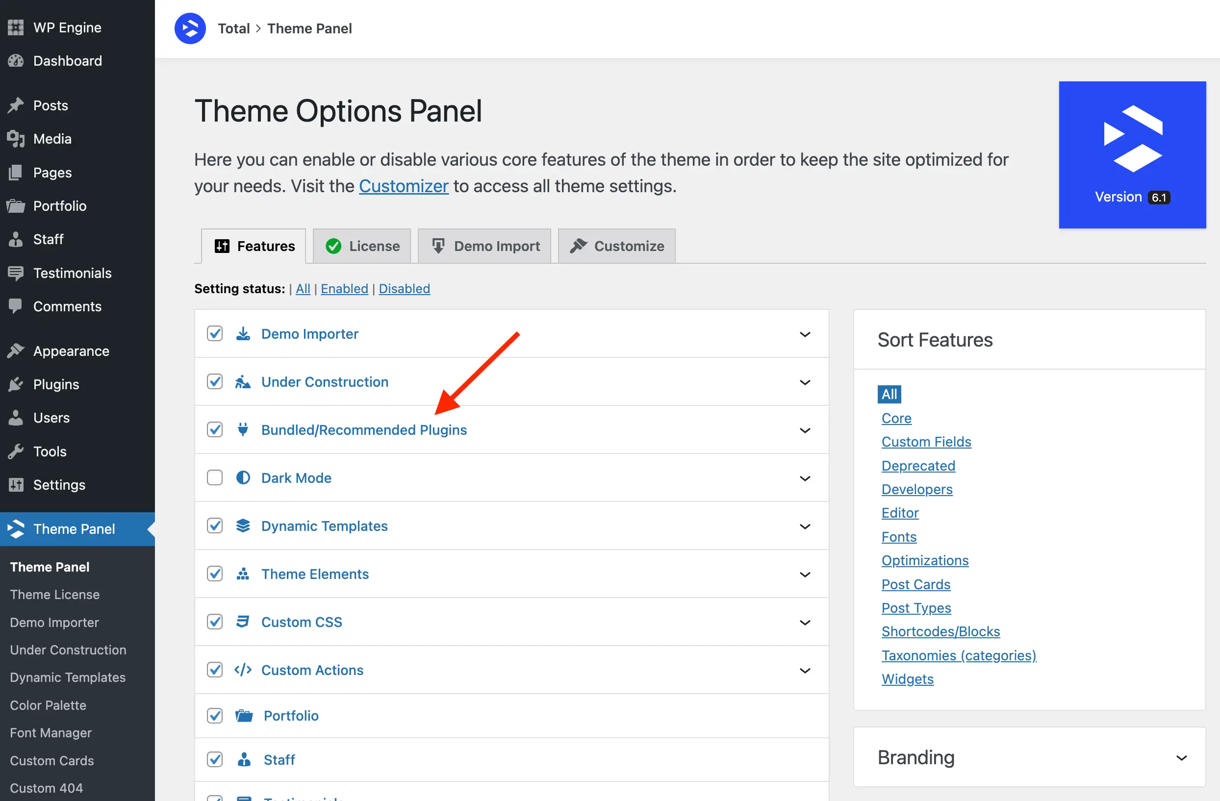 Total theme panel disable bundled plugin setting