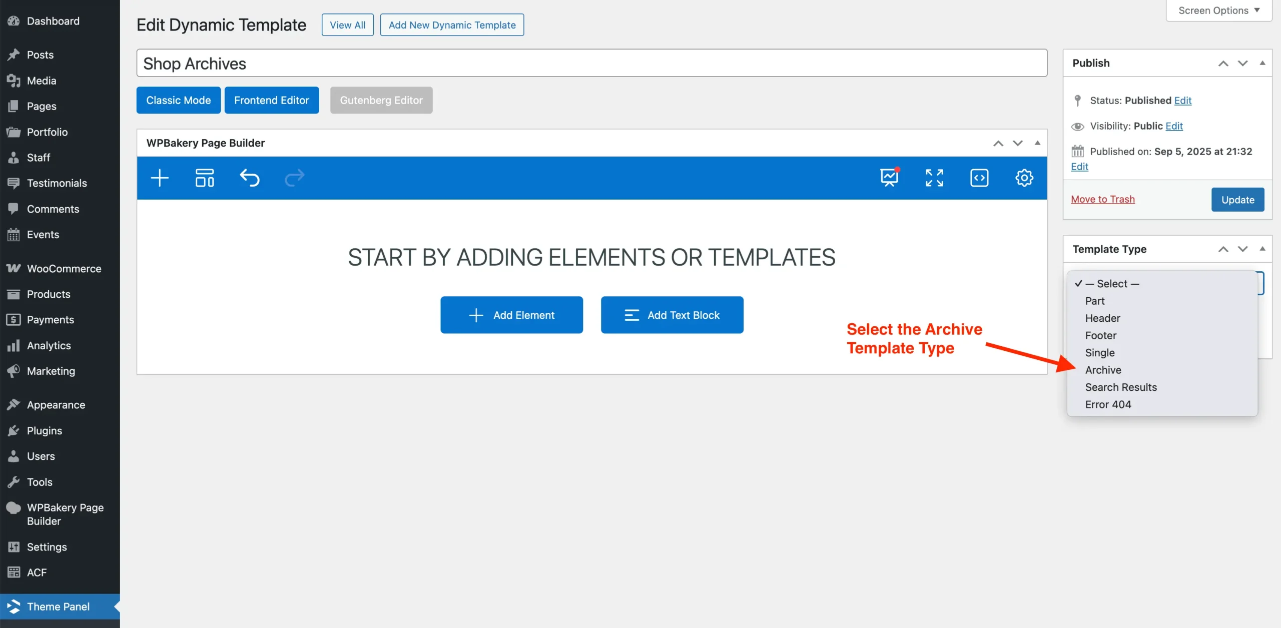 Total theme select archive template type