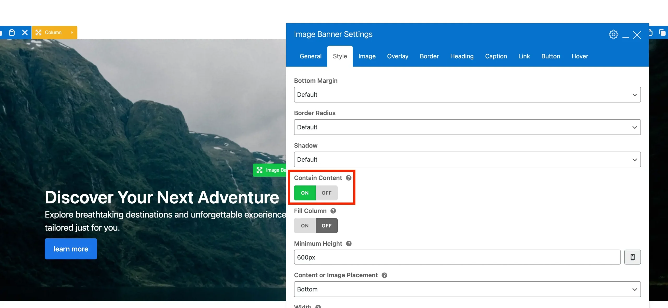 Total theme image banner contain content setting