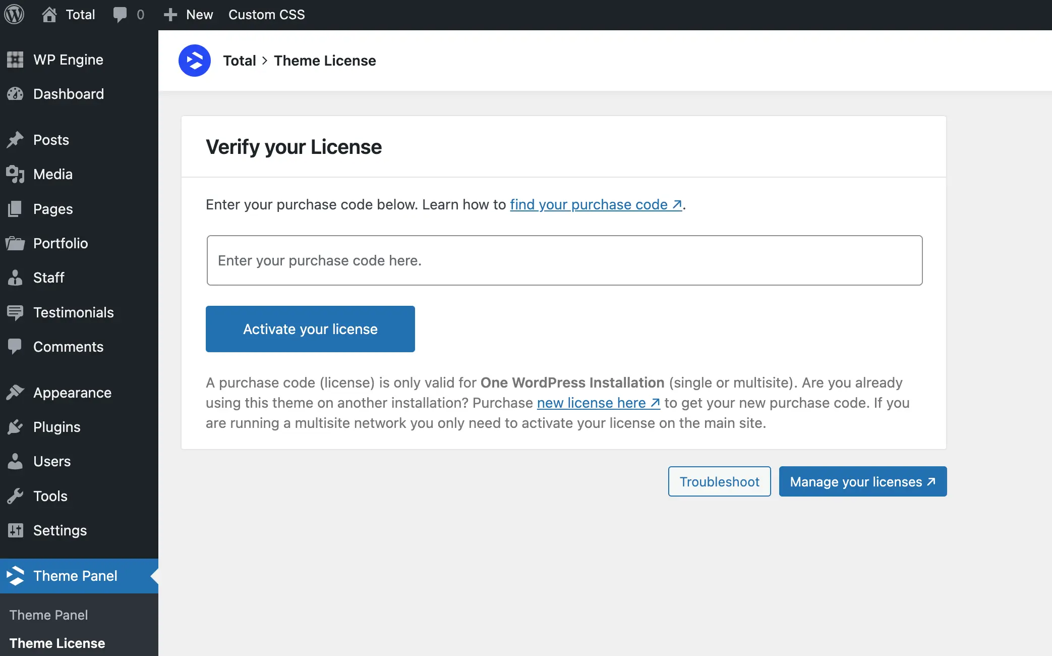 Total theme verify license