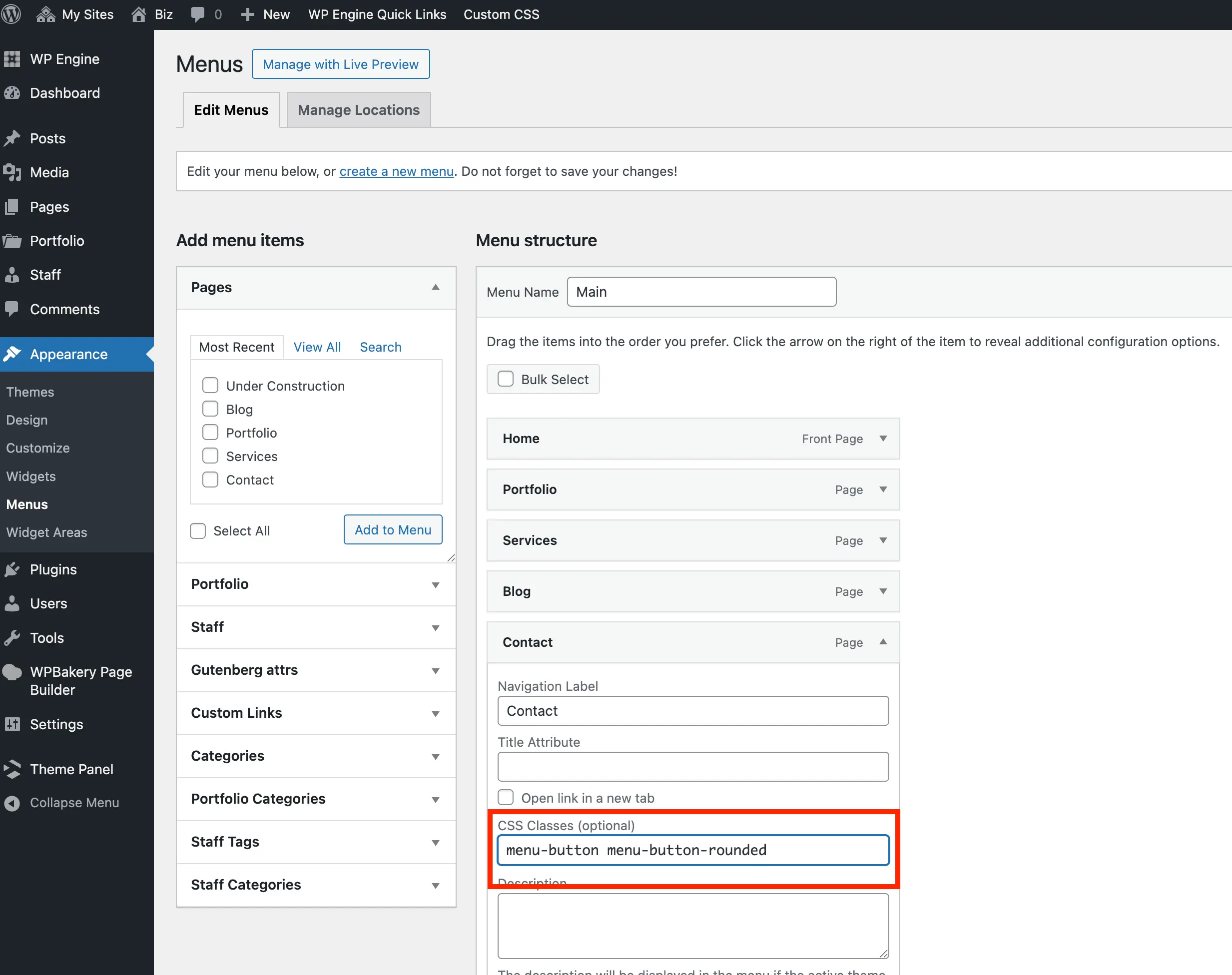 Total theme menu item button rounded pill shape classname field