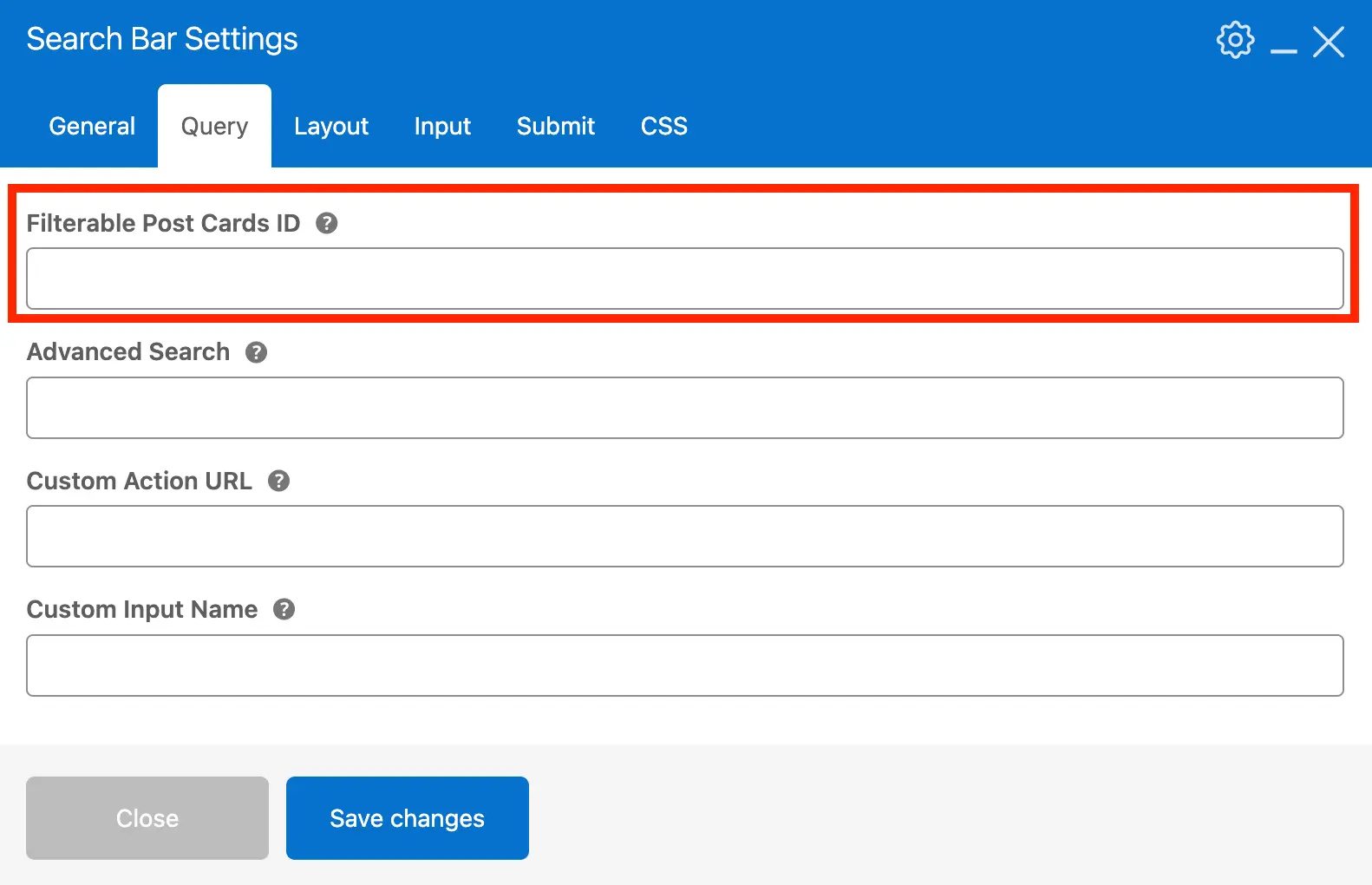 Total theme searchbar cards filter ID field