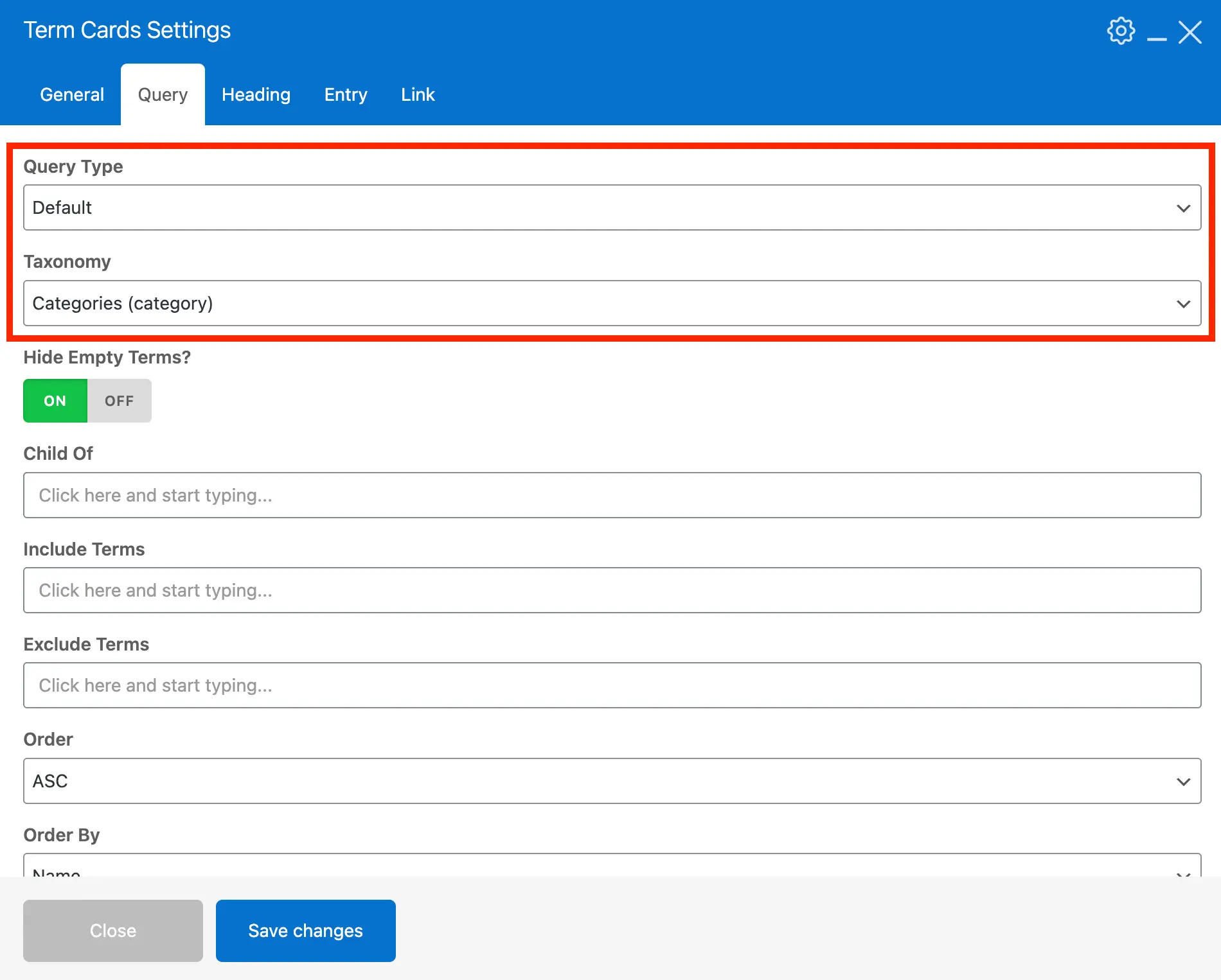 Term Cards Query settings