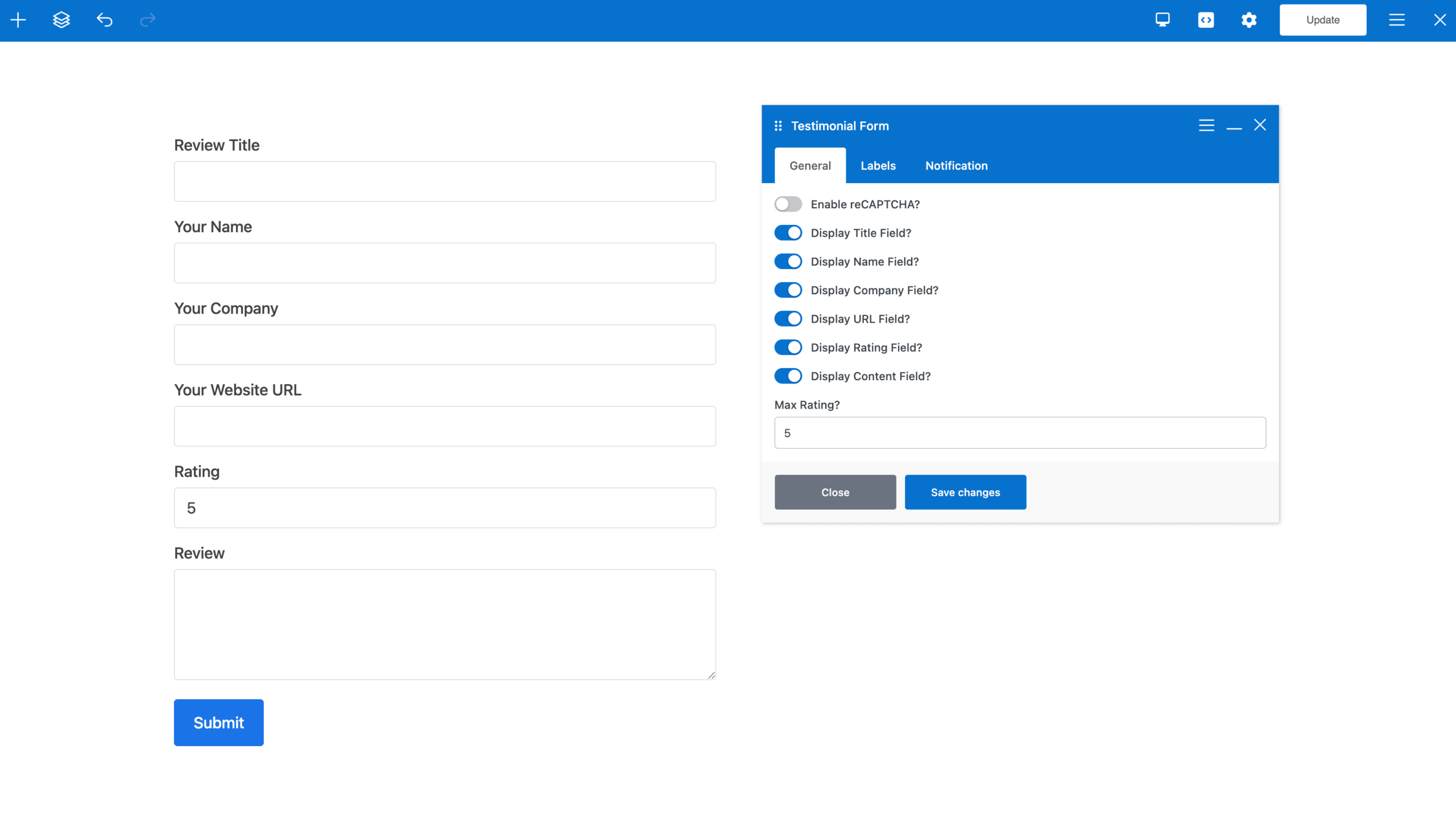 Total Testimonial frontend form in WPBakery