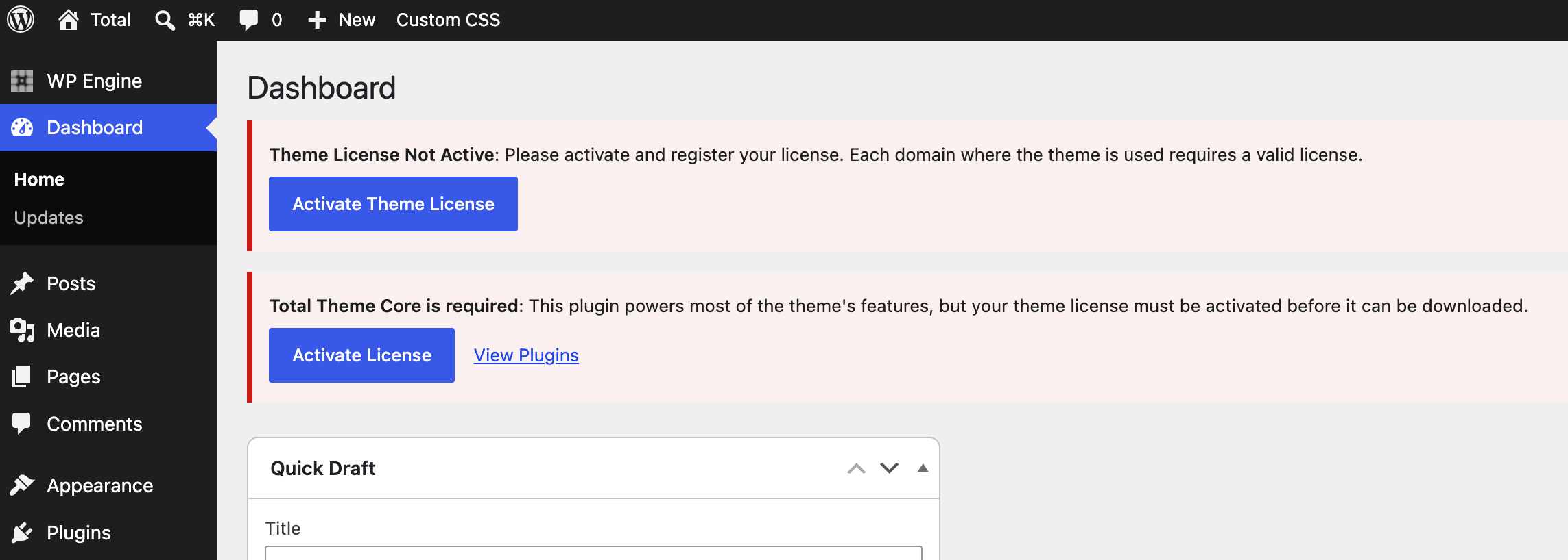 Total theme admin notices to install plugins