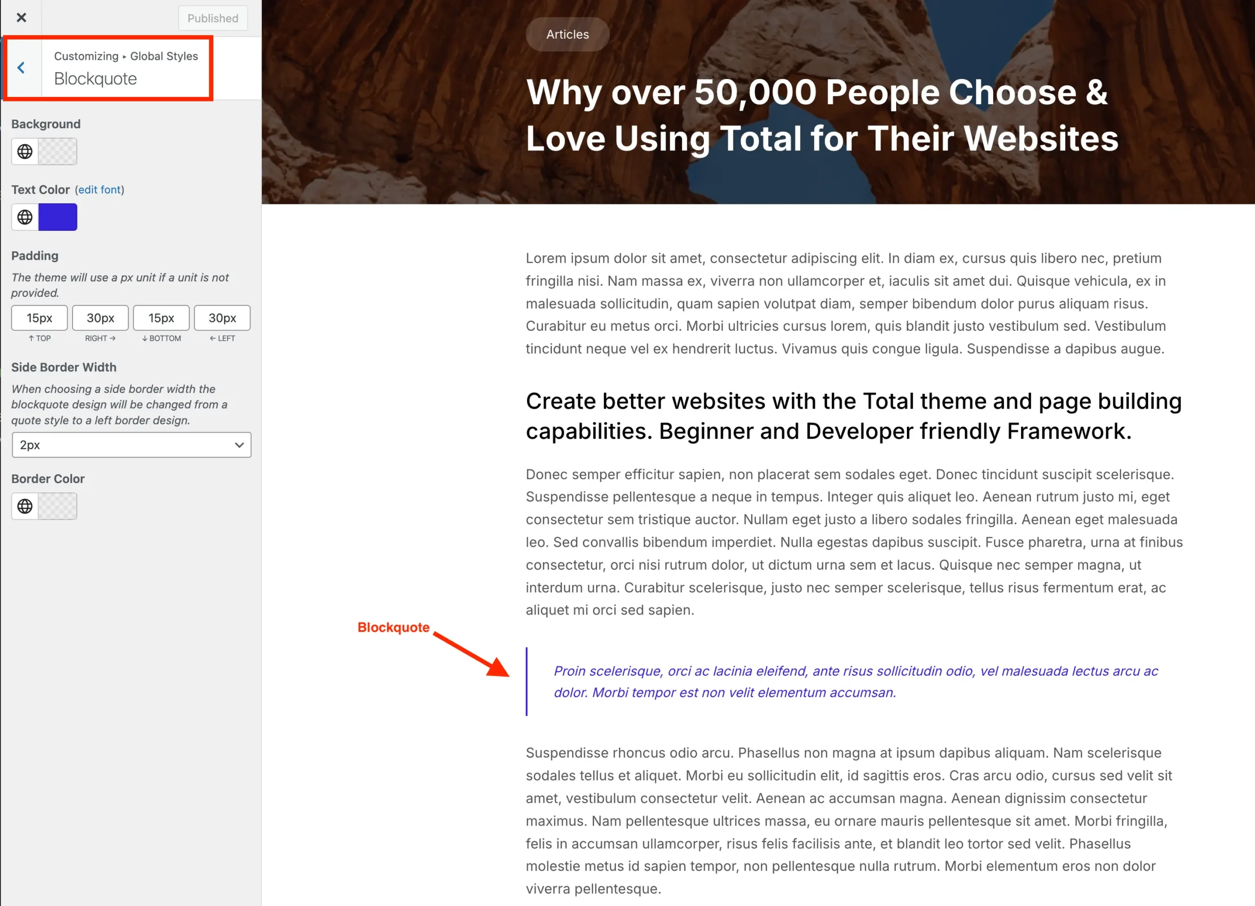 Total theme customize the blockquote element