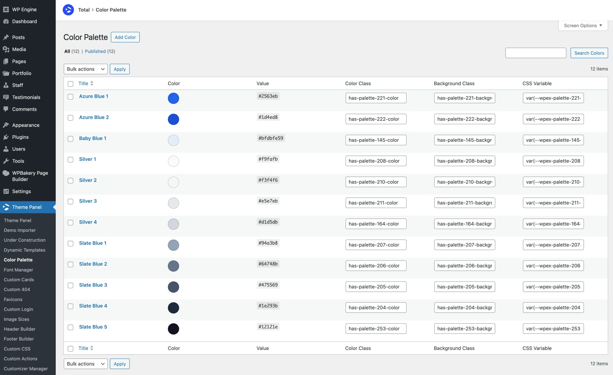 Total Theme color palette dashboard