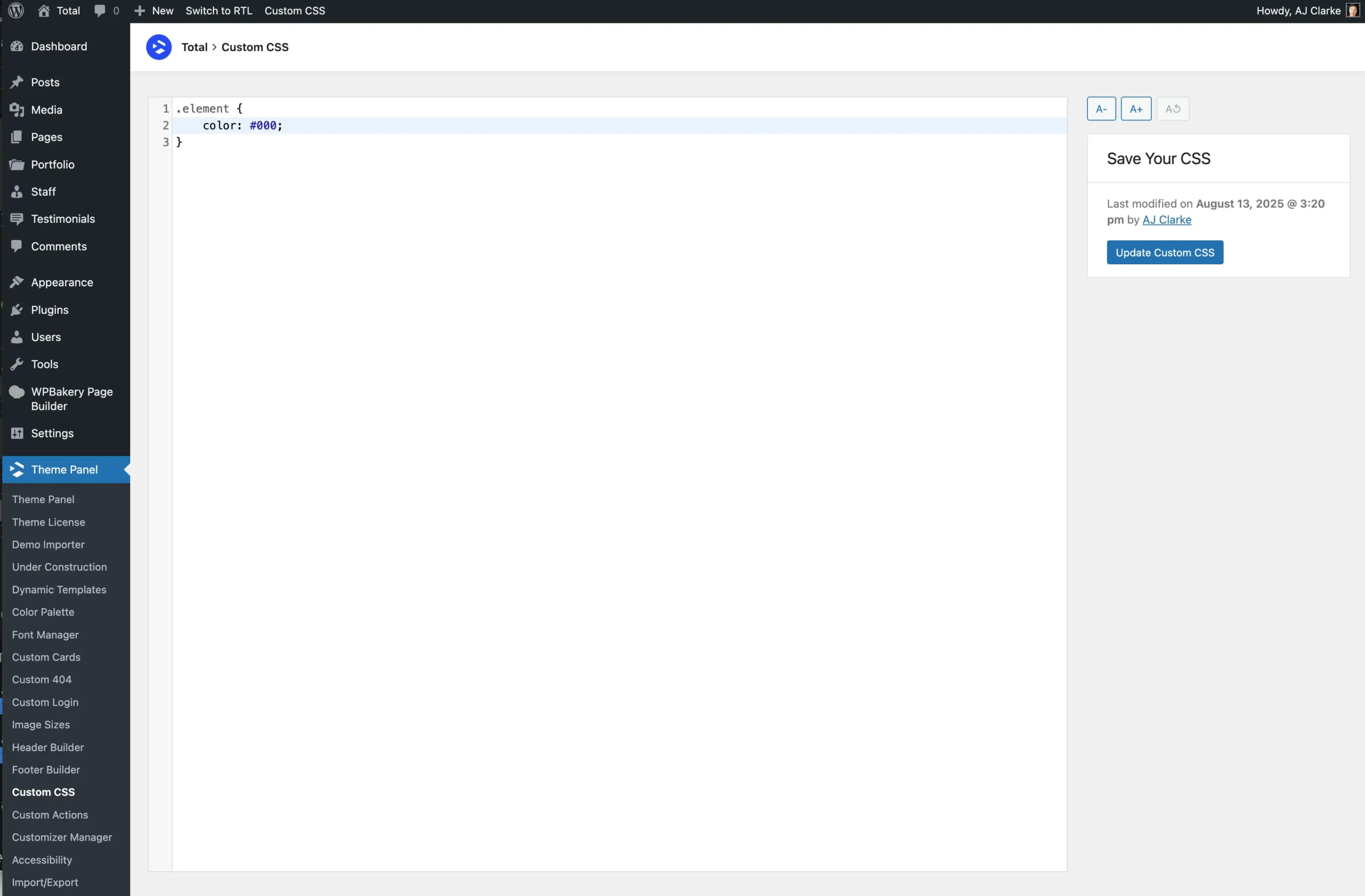 Total theme Custom CSS Panel