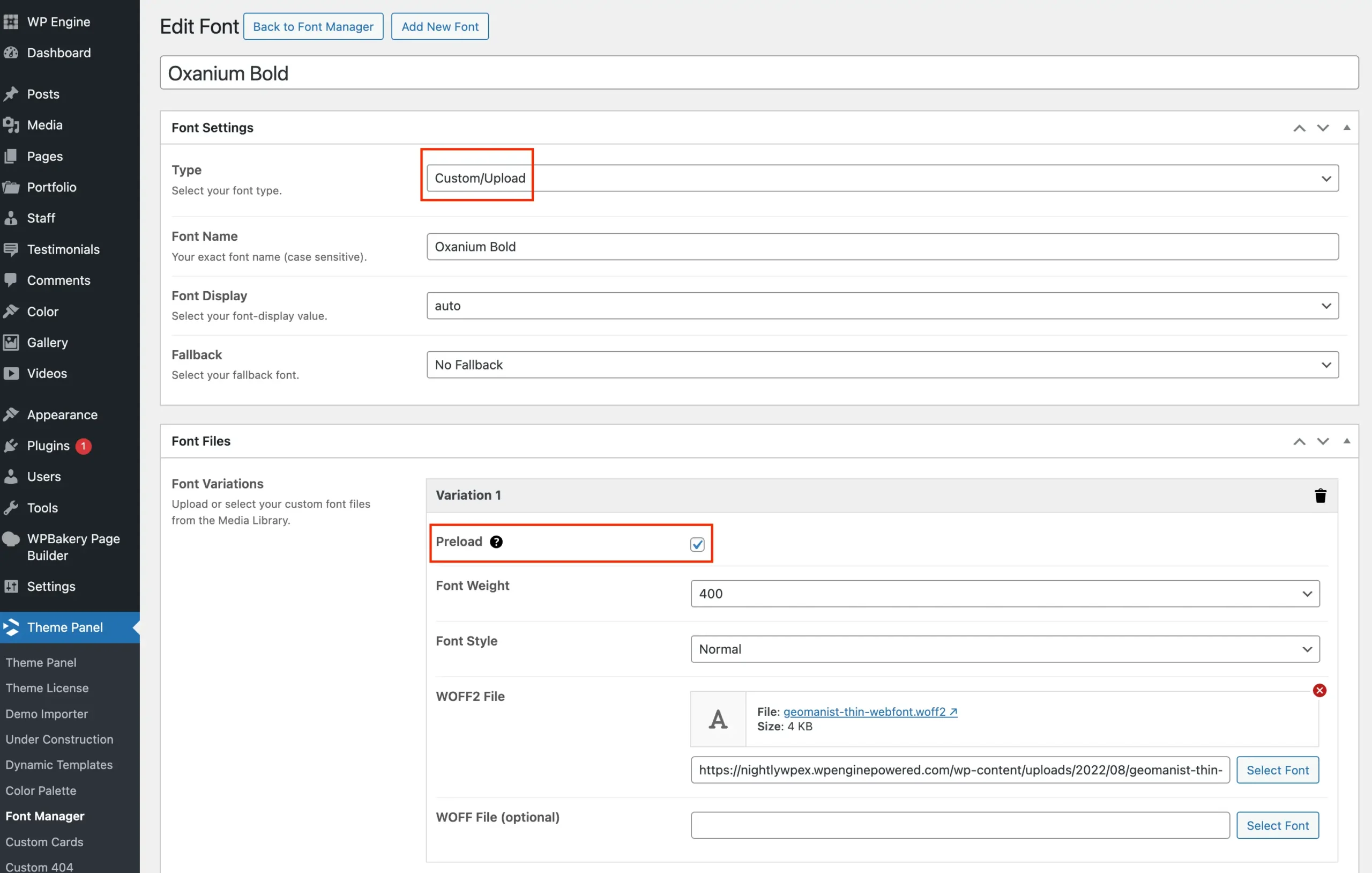 Total theme custom font preload checkbox