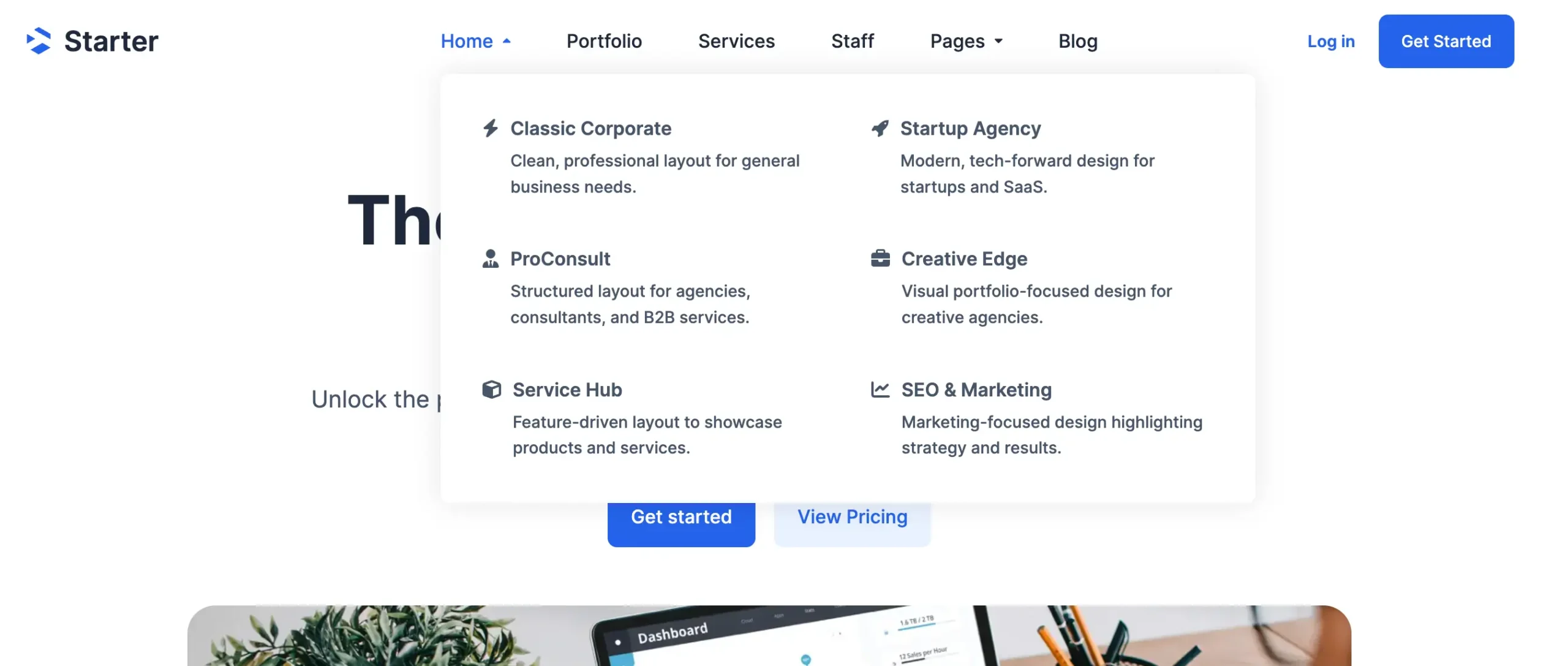 Total theme menu dropdowns with icons, heading and descriptions