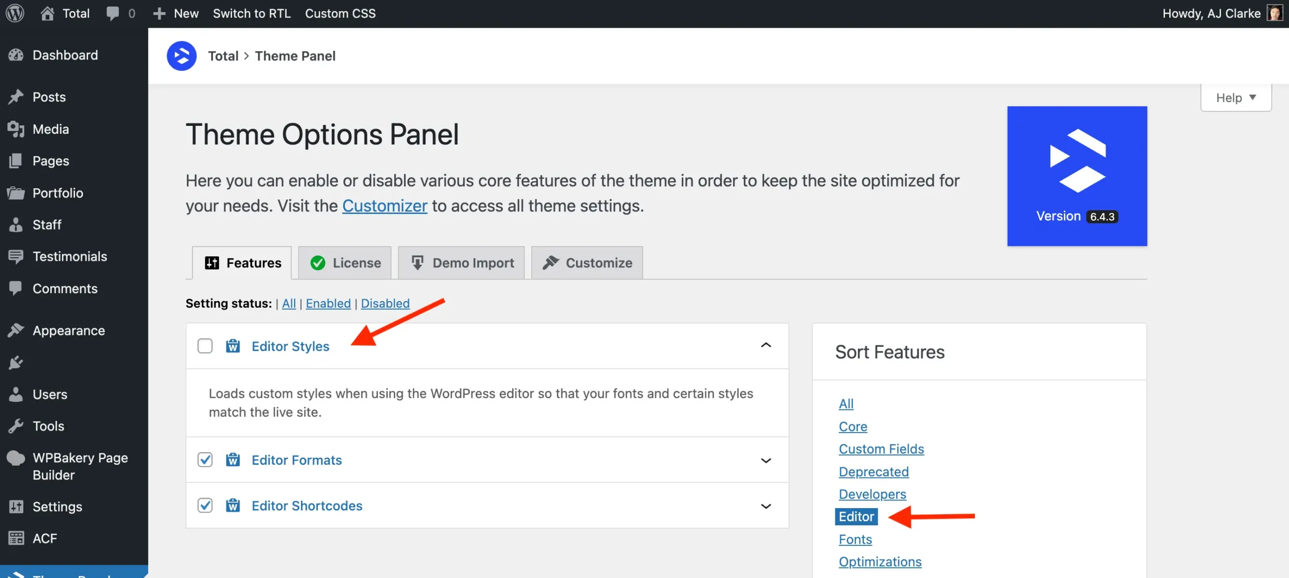 Total theme panel editor styles option