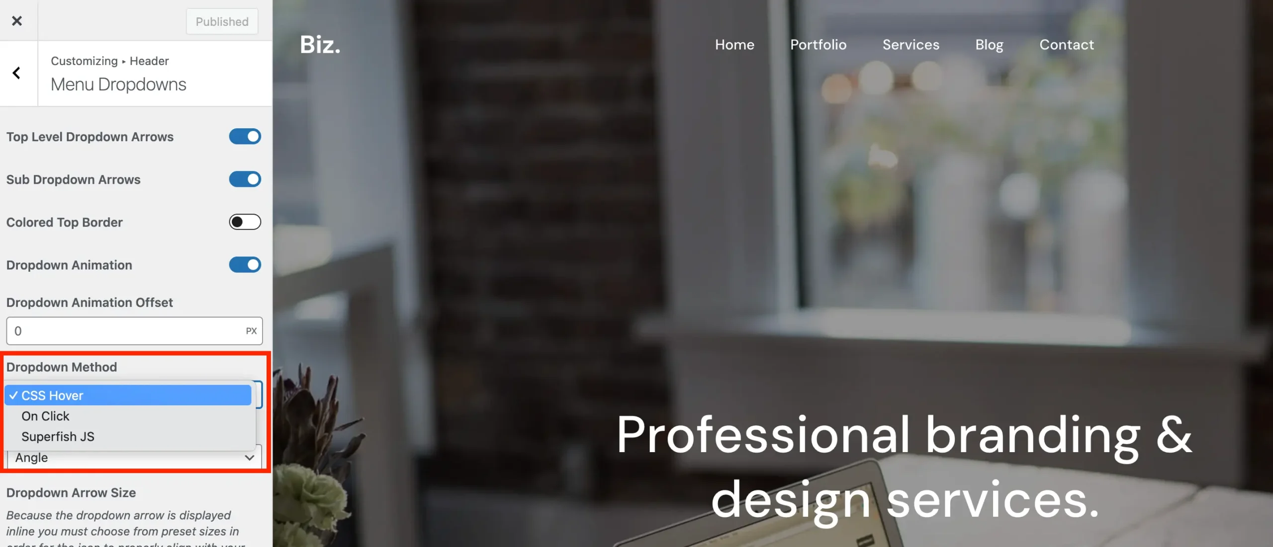 Total theme header menu dropdown method
