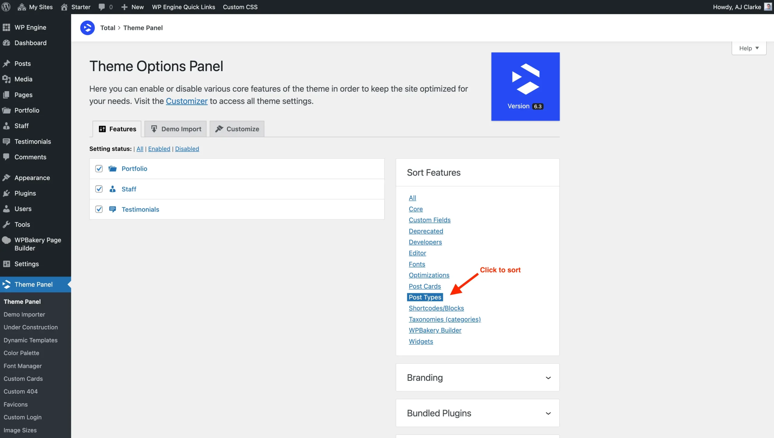 Total theme panel sort by post types