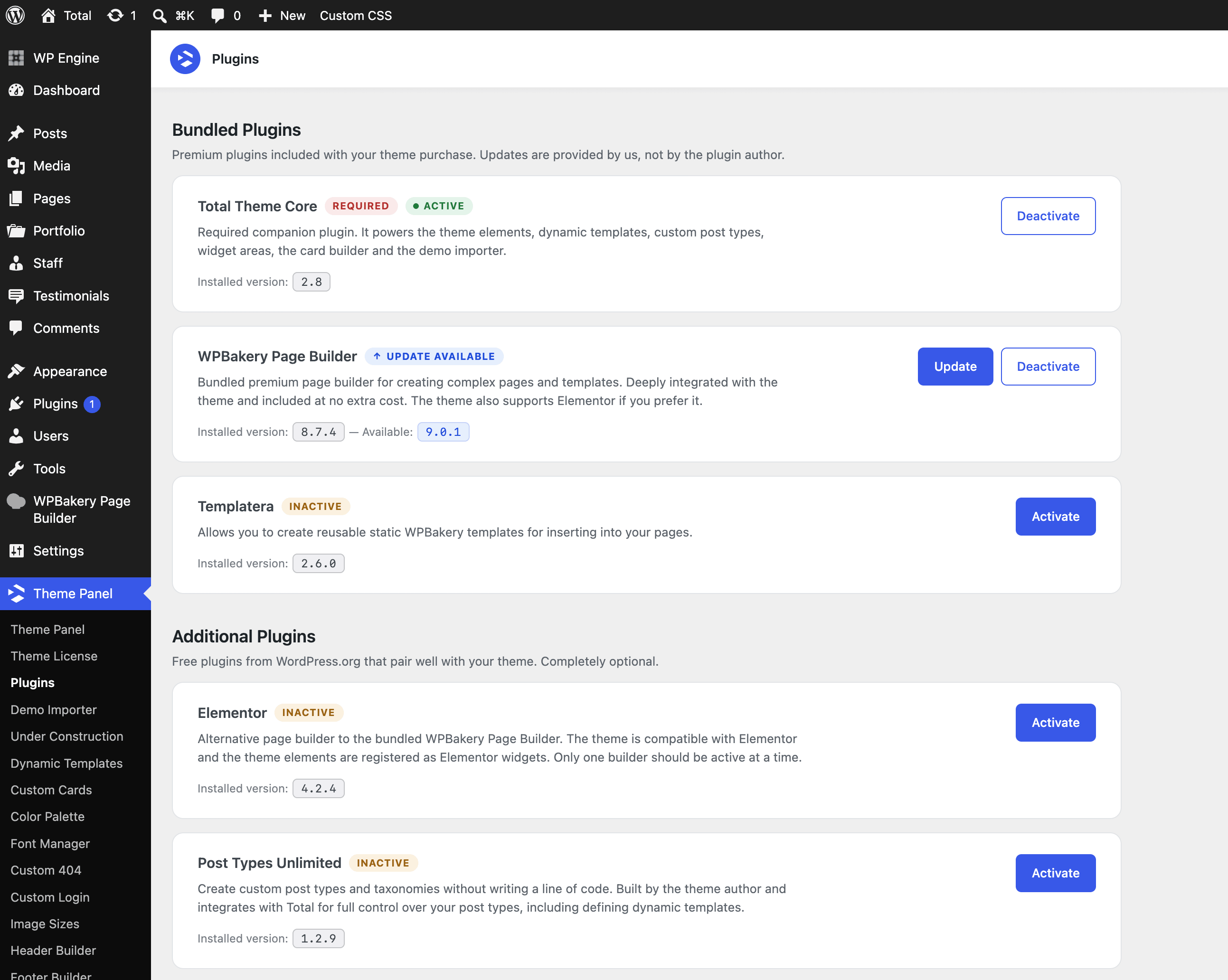 Total theme plugins admin panel