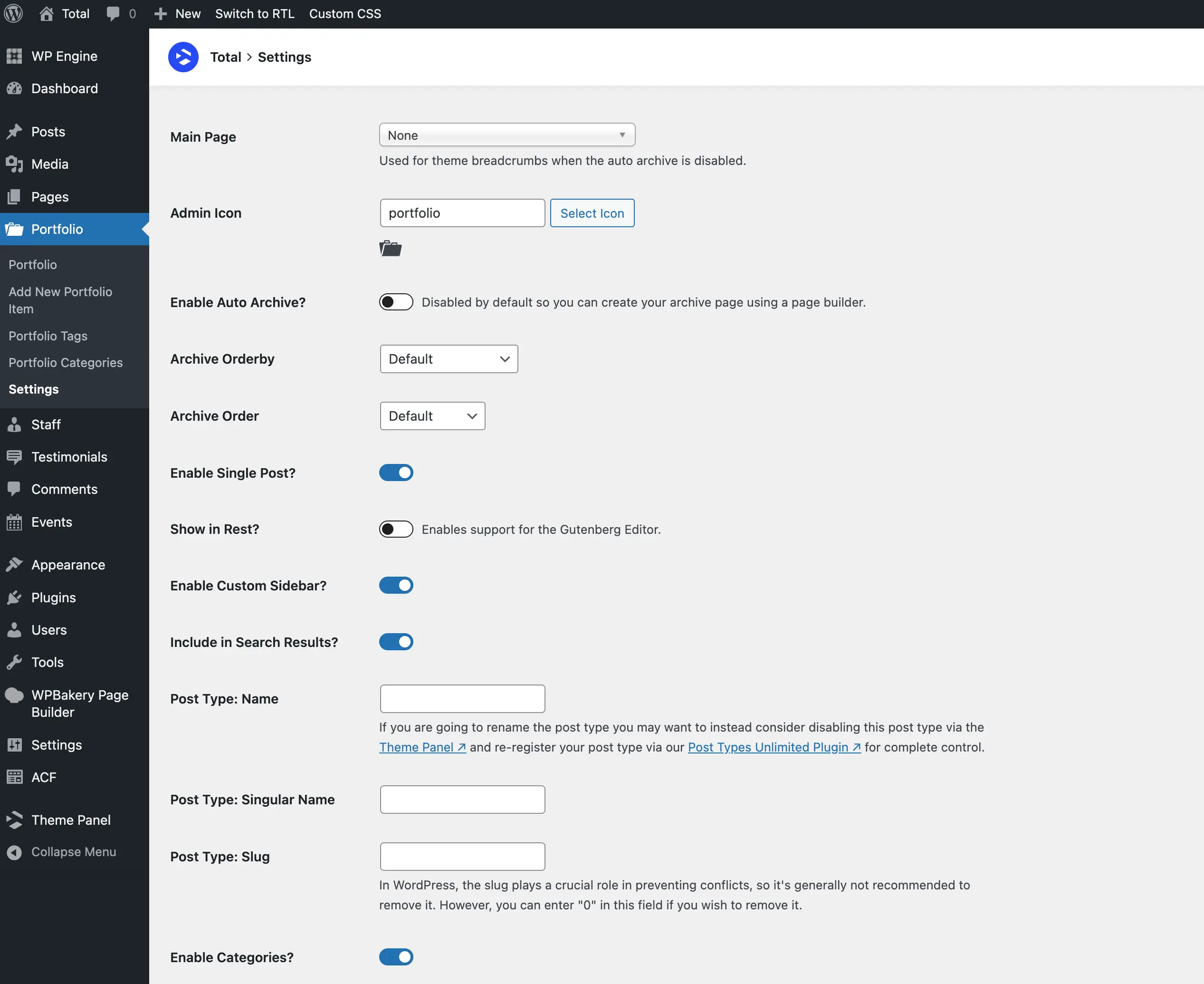 Total theme Portfolio settings
