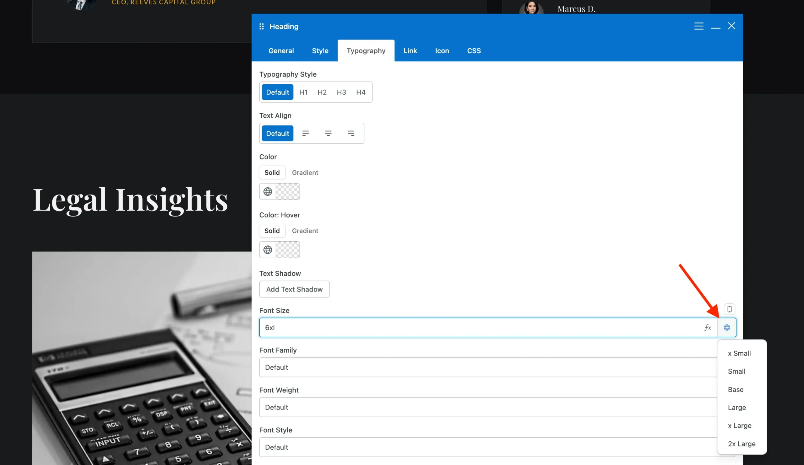 Choose global font size in WPBakery field