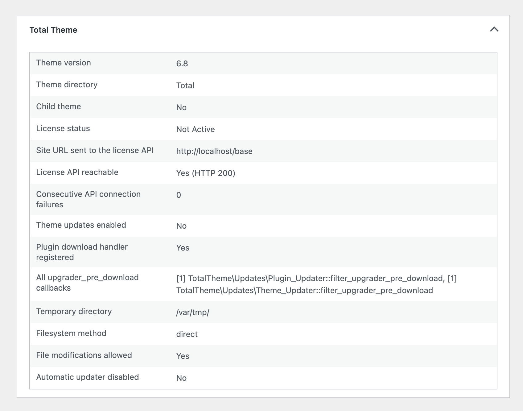 Total theme site health debug tab