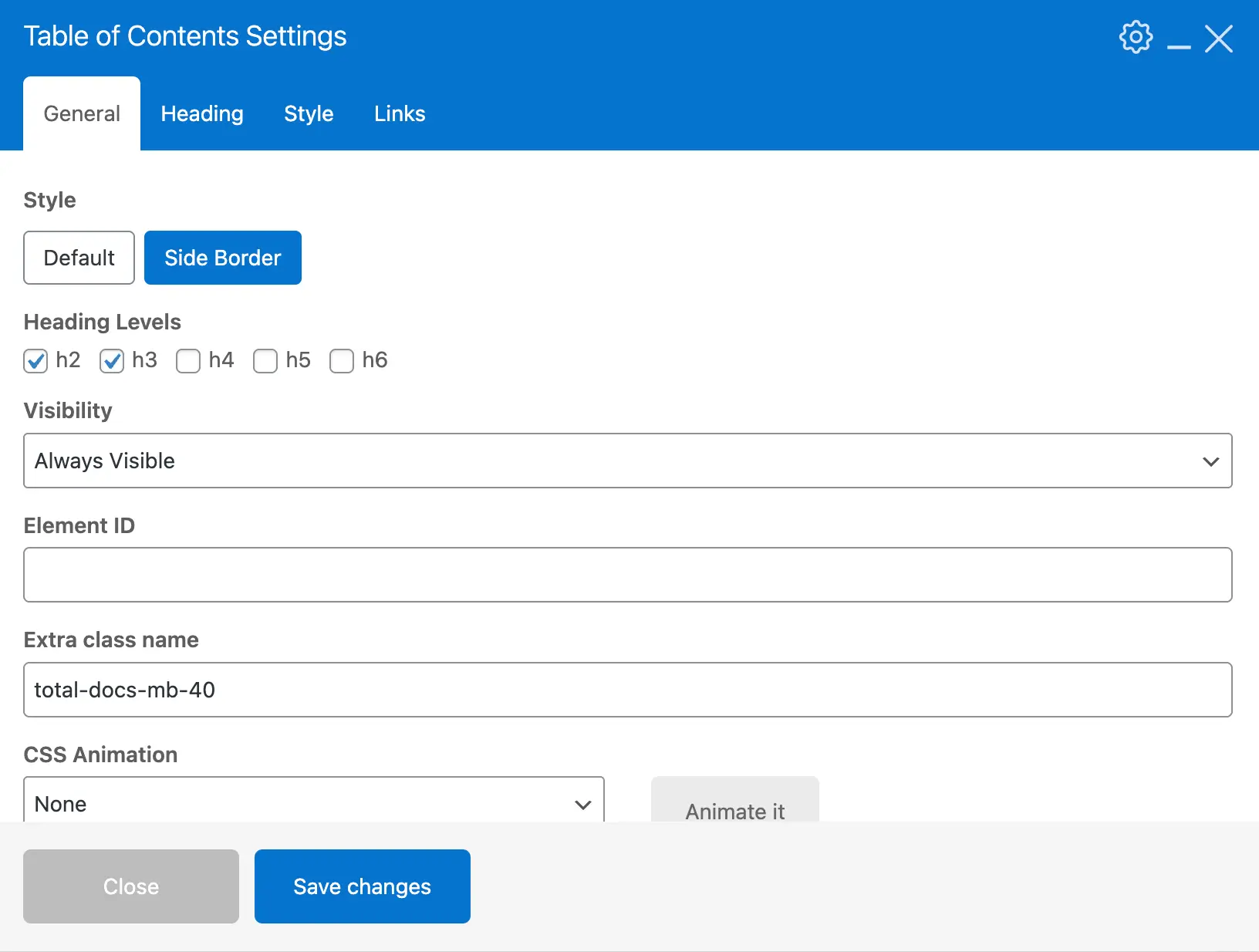 Total table of contents WPBakery