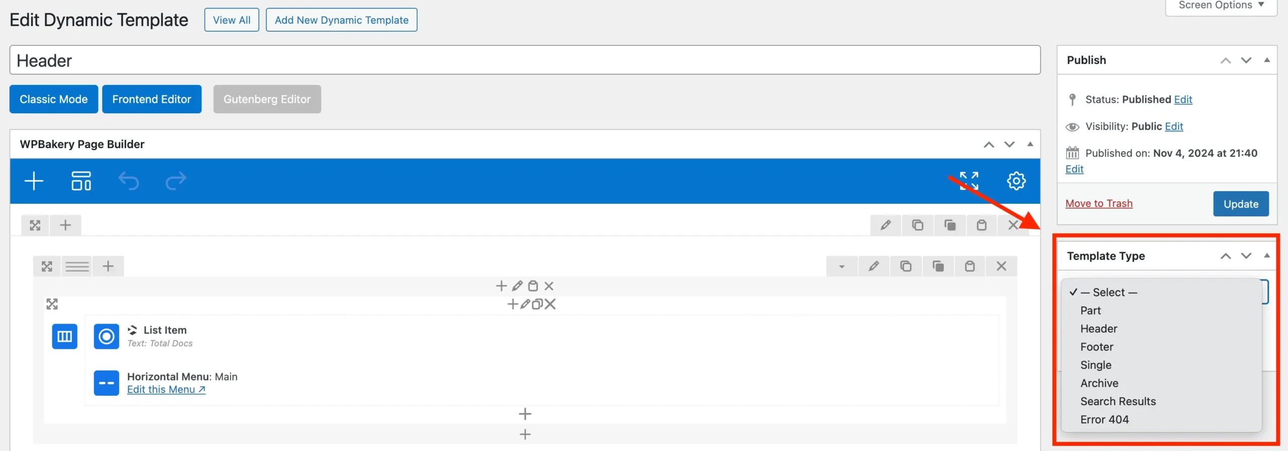 Total theme dynamic template type select