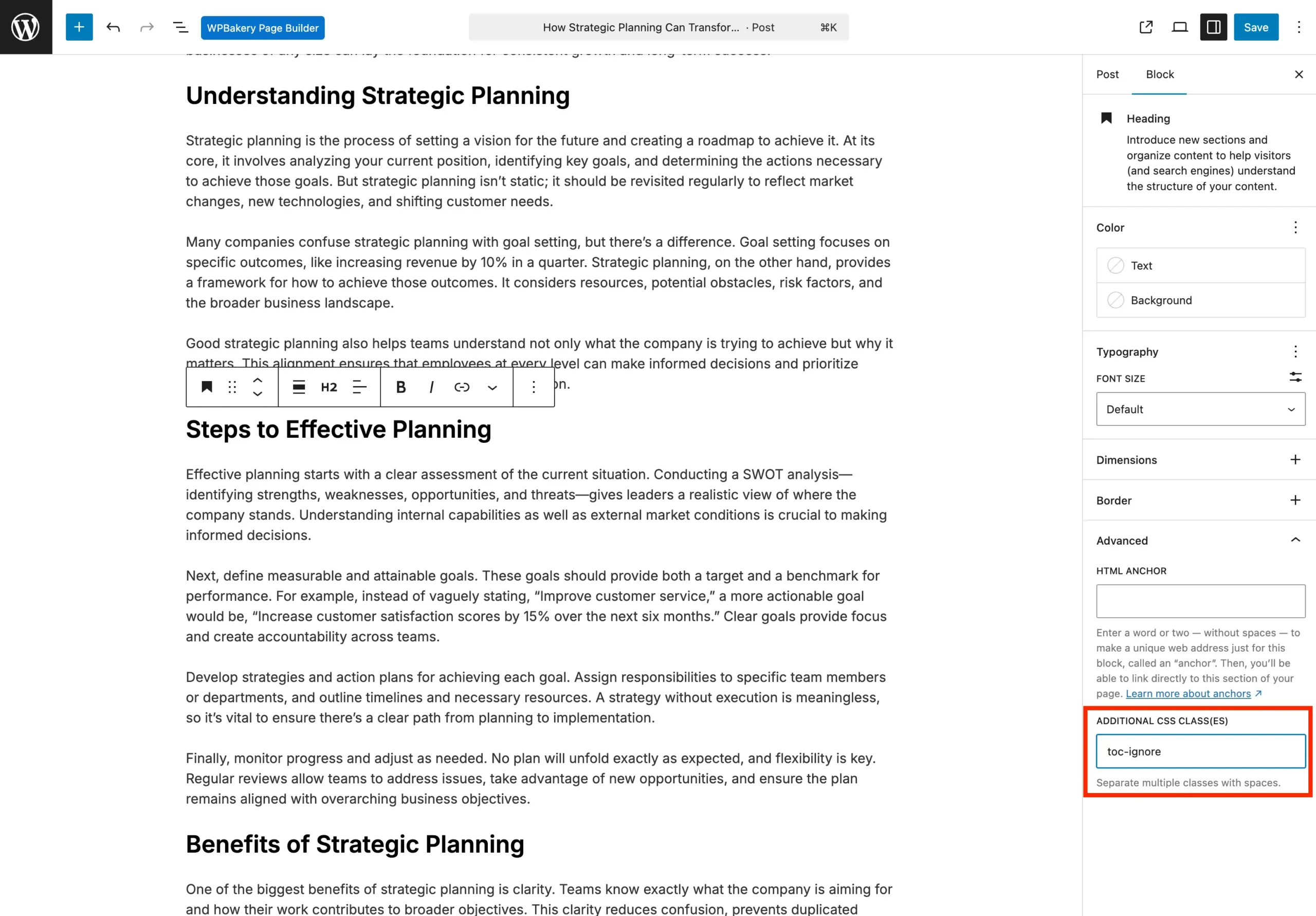 Adding toc-ignore class to heading in Gutenberg
