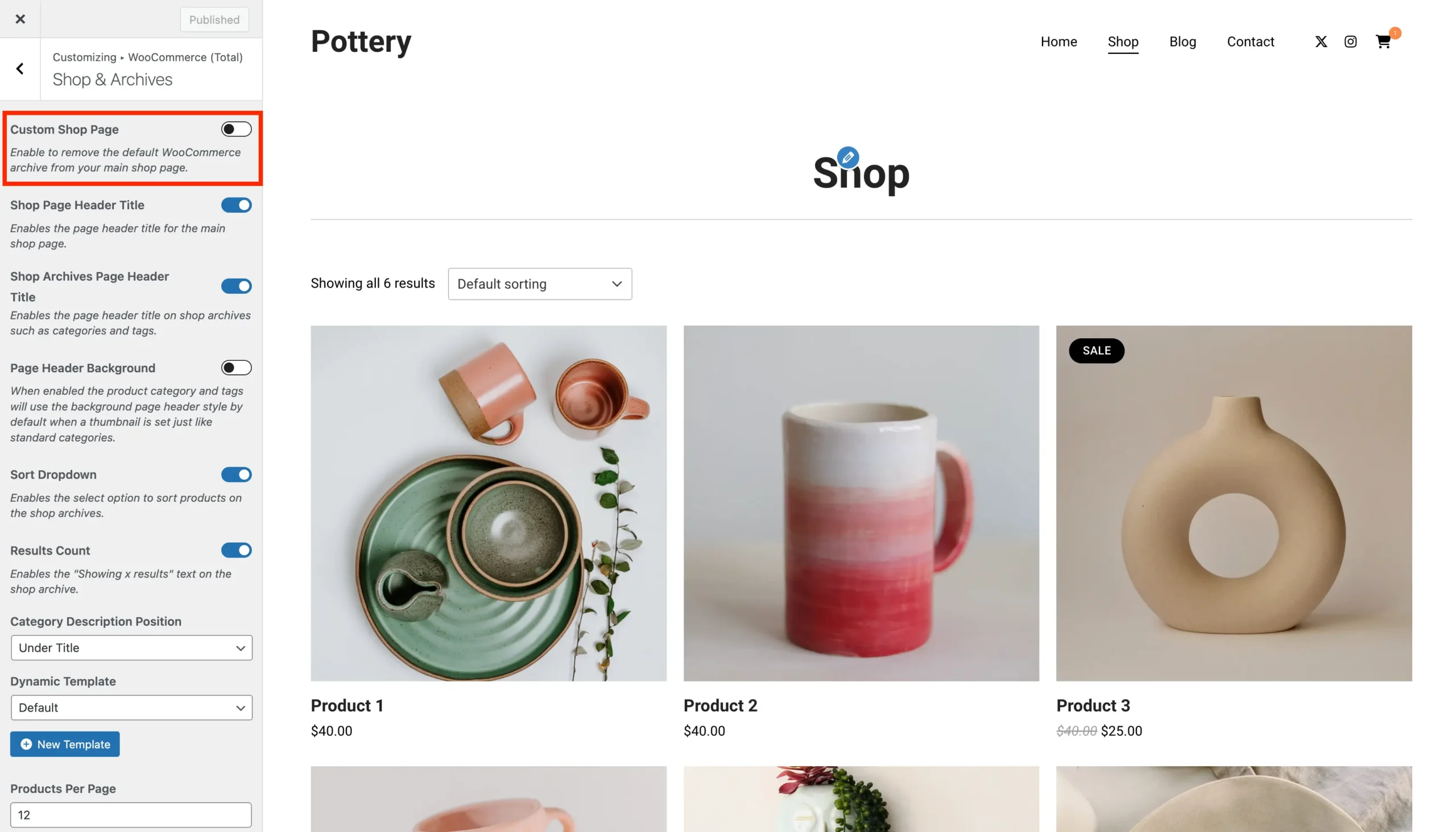 Total WooCommerce enable custom shop page