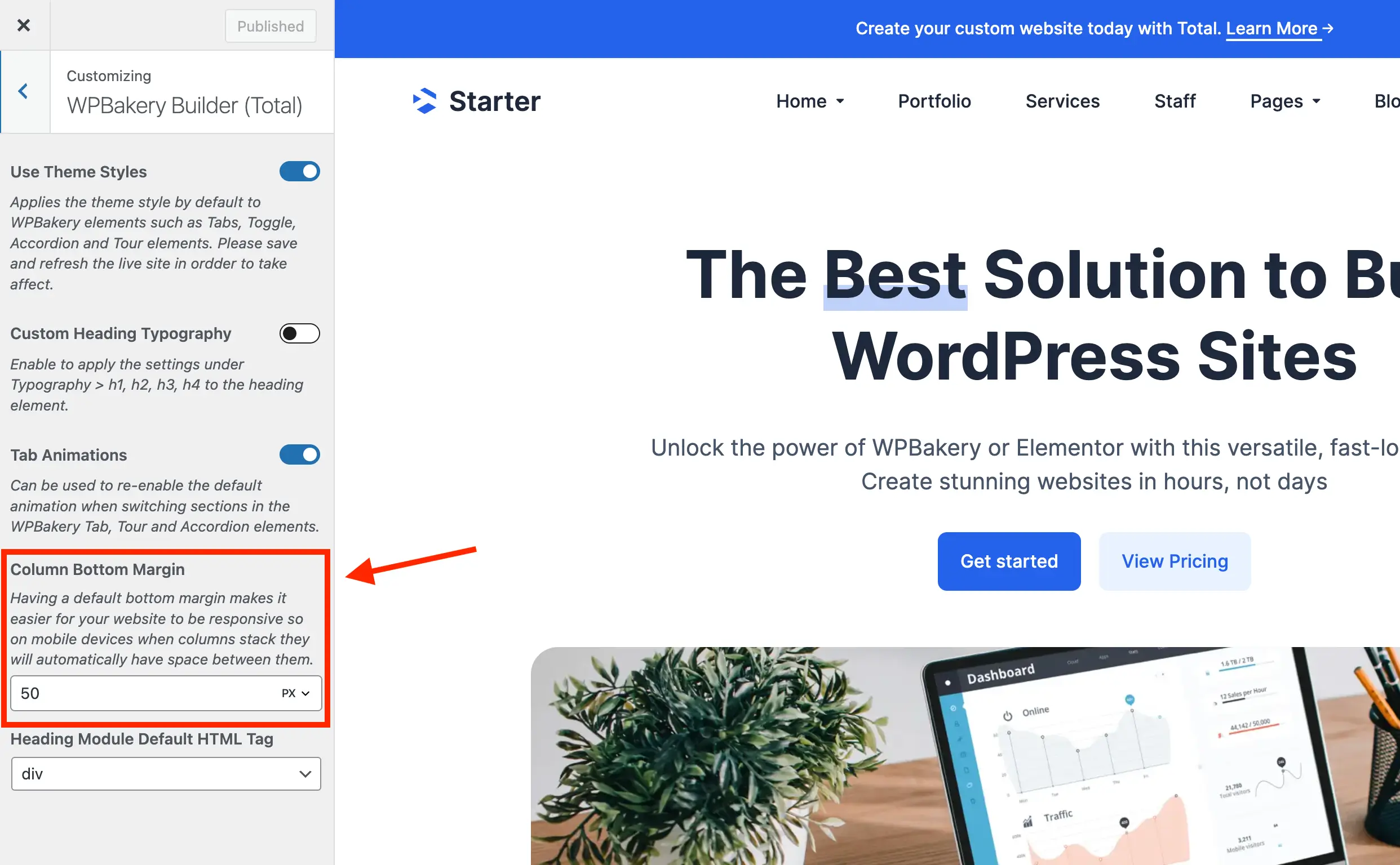 Total WPBakery column bottom margin customizer setting