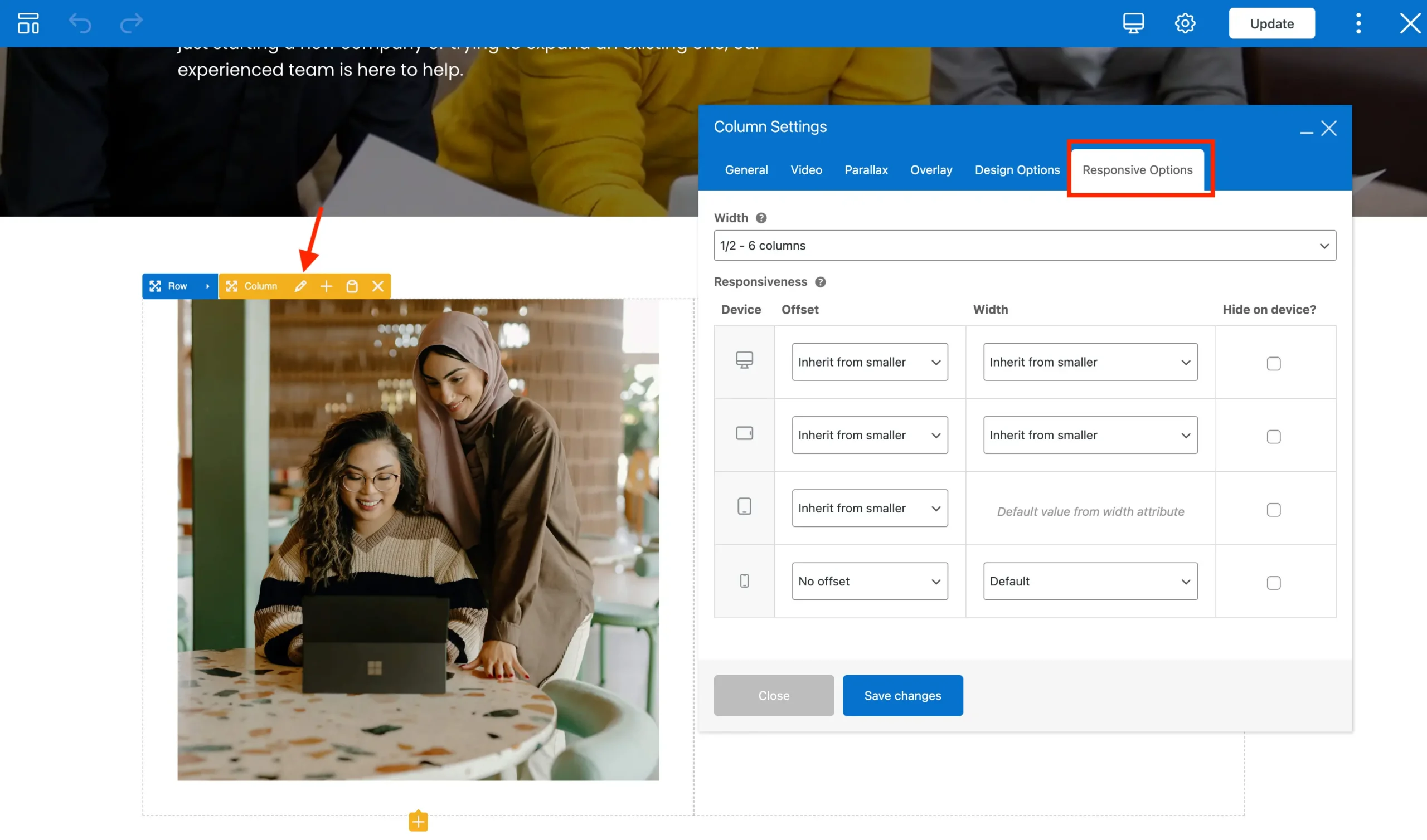 WPBakery responsive column options