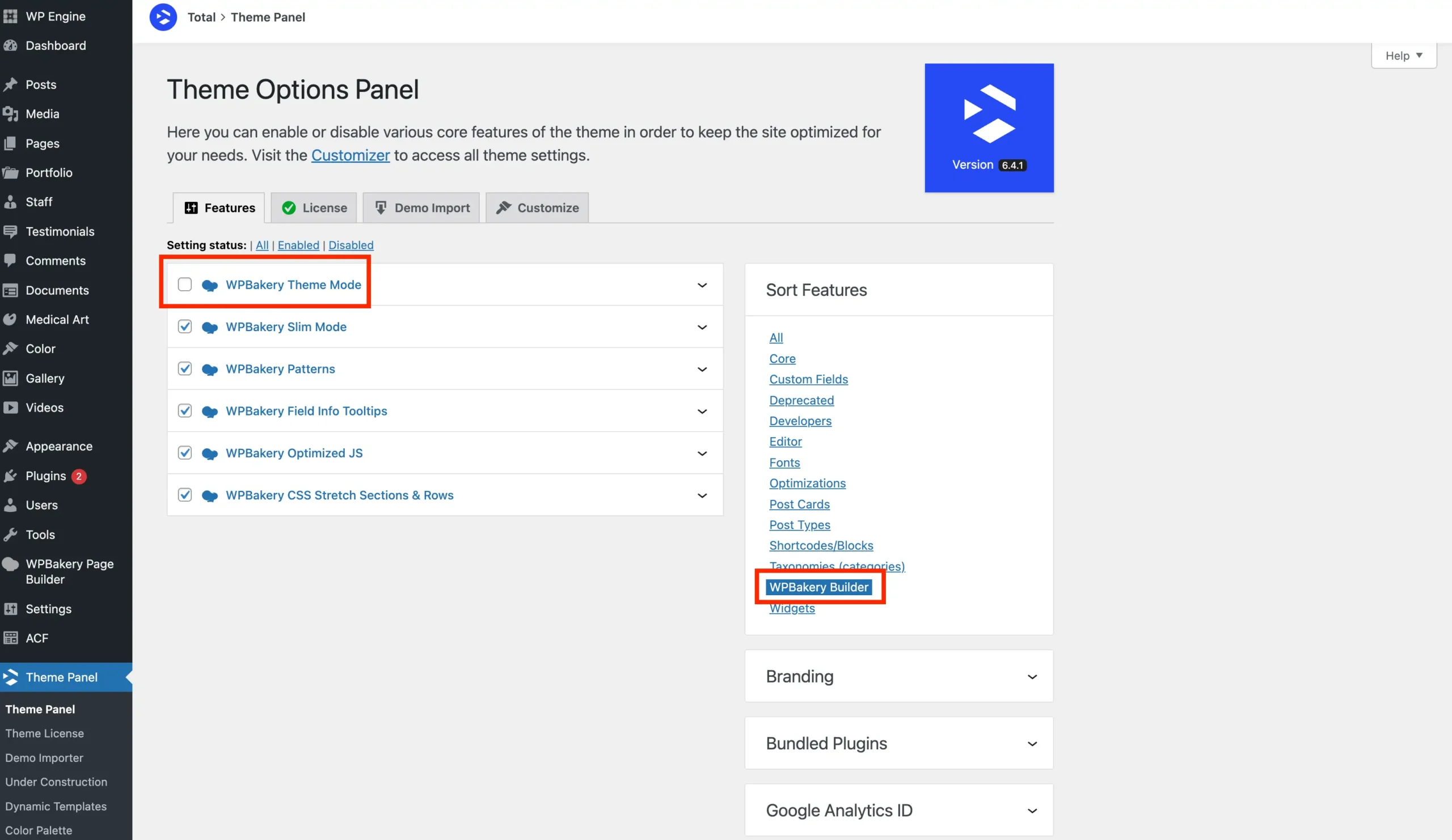 Total theme panel disable WPBakery theme mode setting
