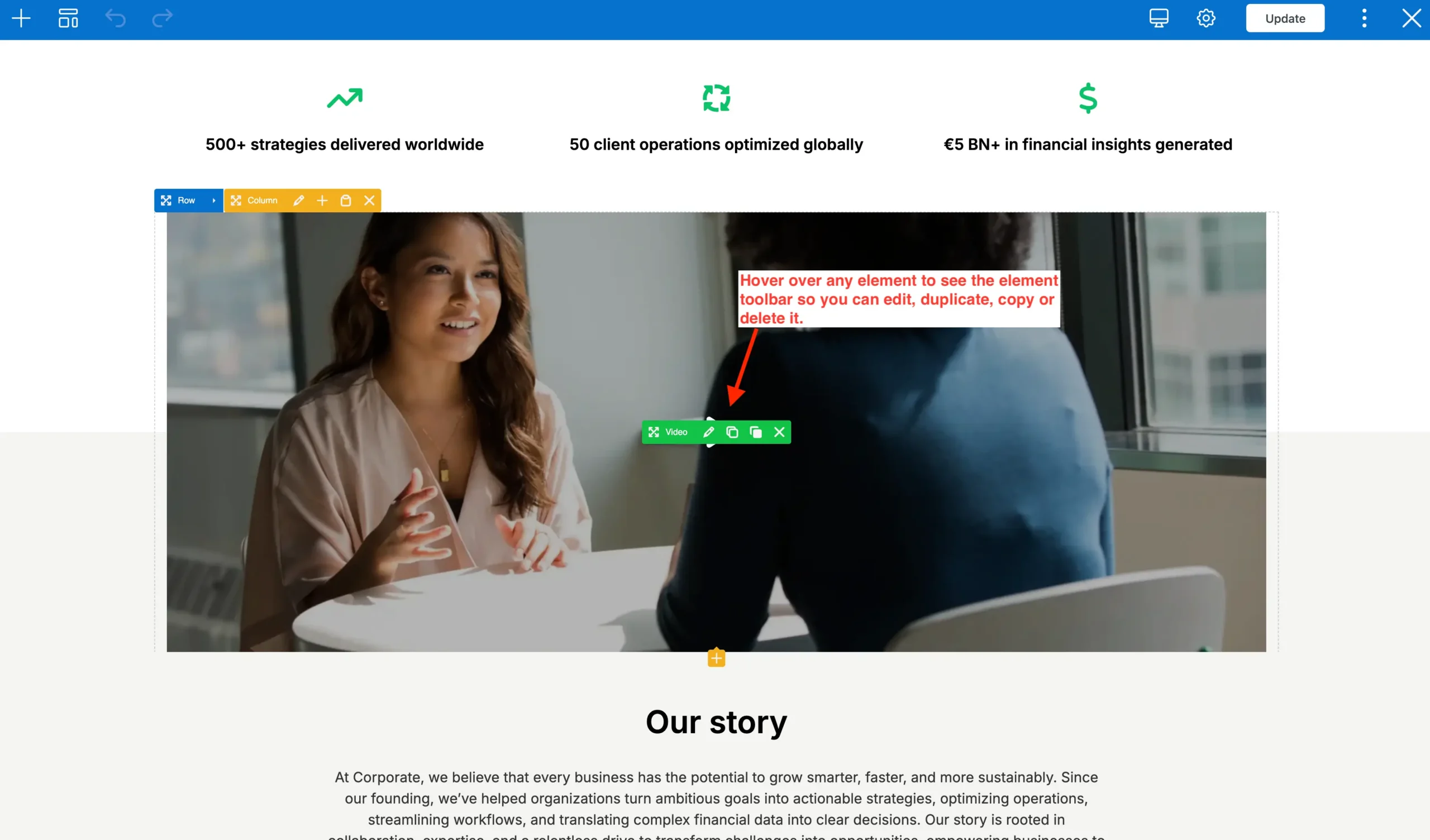Total WPBakery frontend editor element hover toolbar