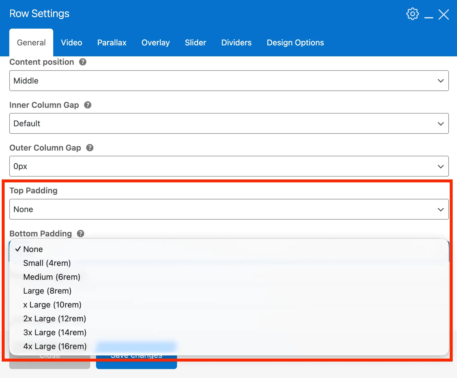 Total WPBakery row top and bottom padding fields