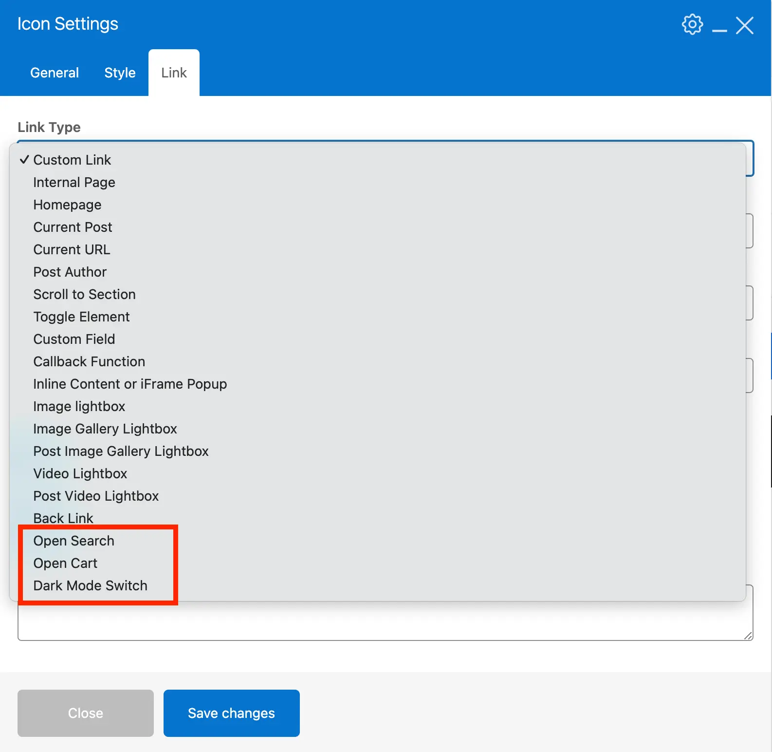 Total icon element link type field
