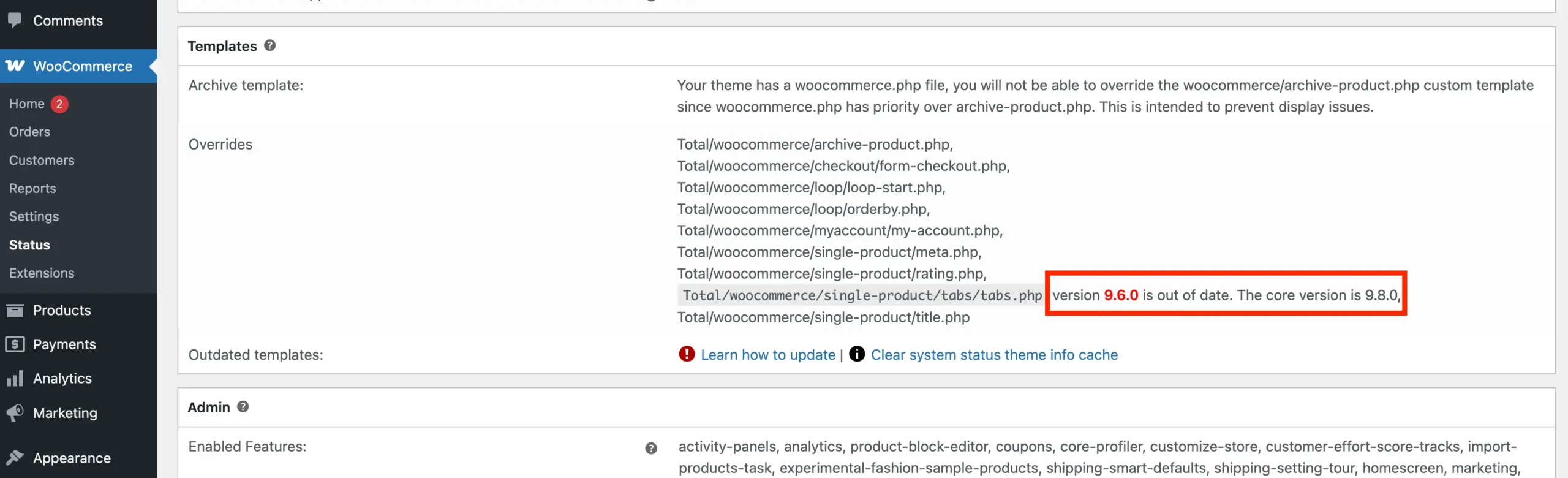 WooCommerce status template override outdated notice