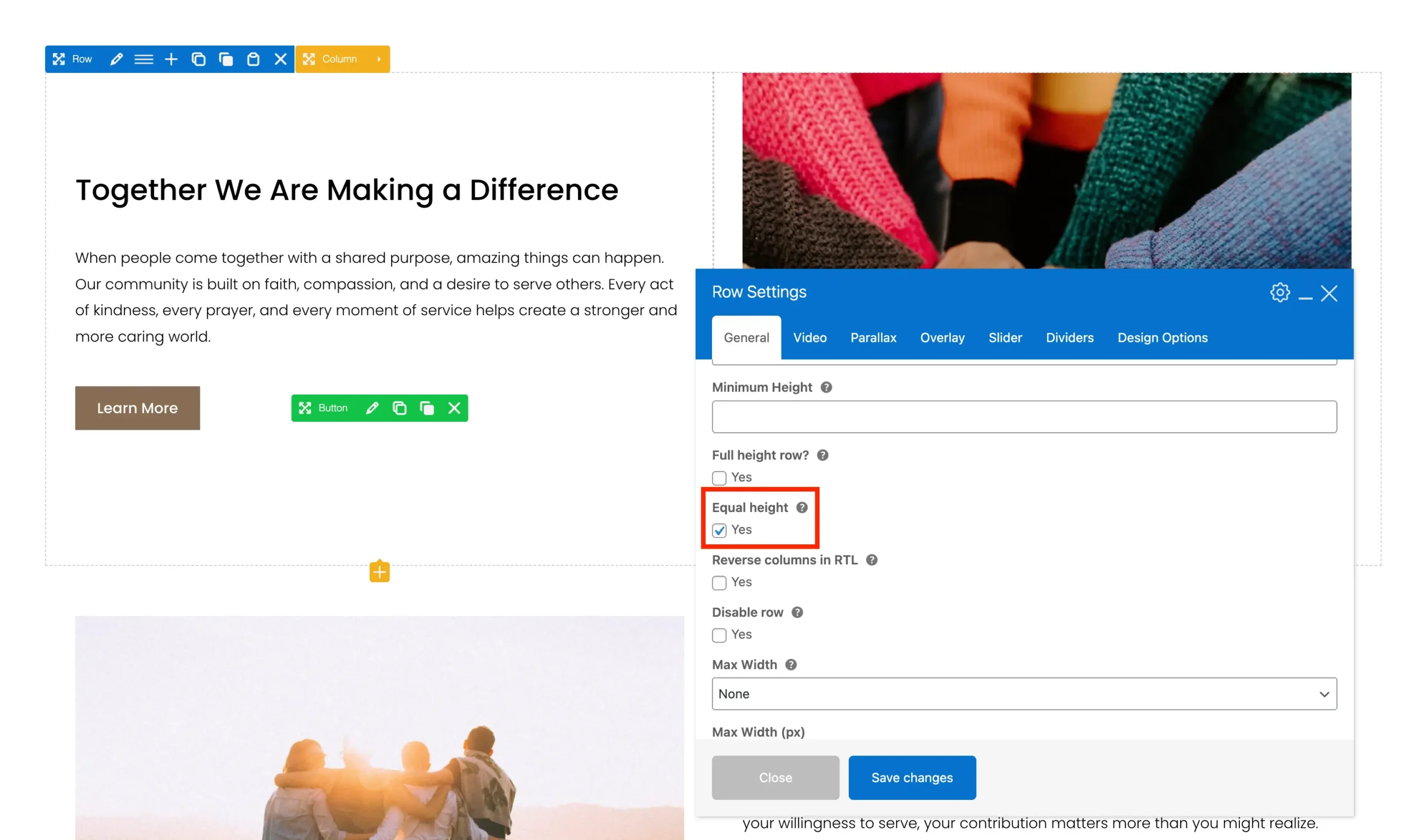 Total theme WPBakery equal height row option