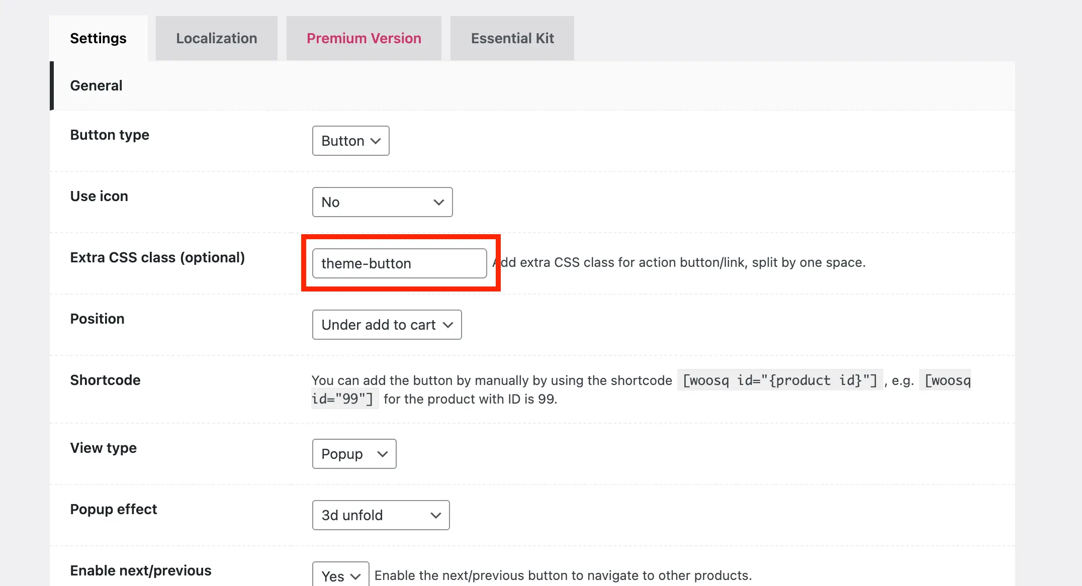 WPC Smart Quick View extra class field