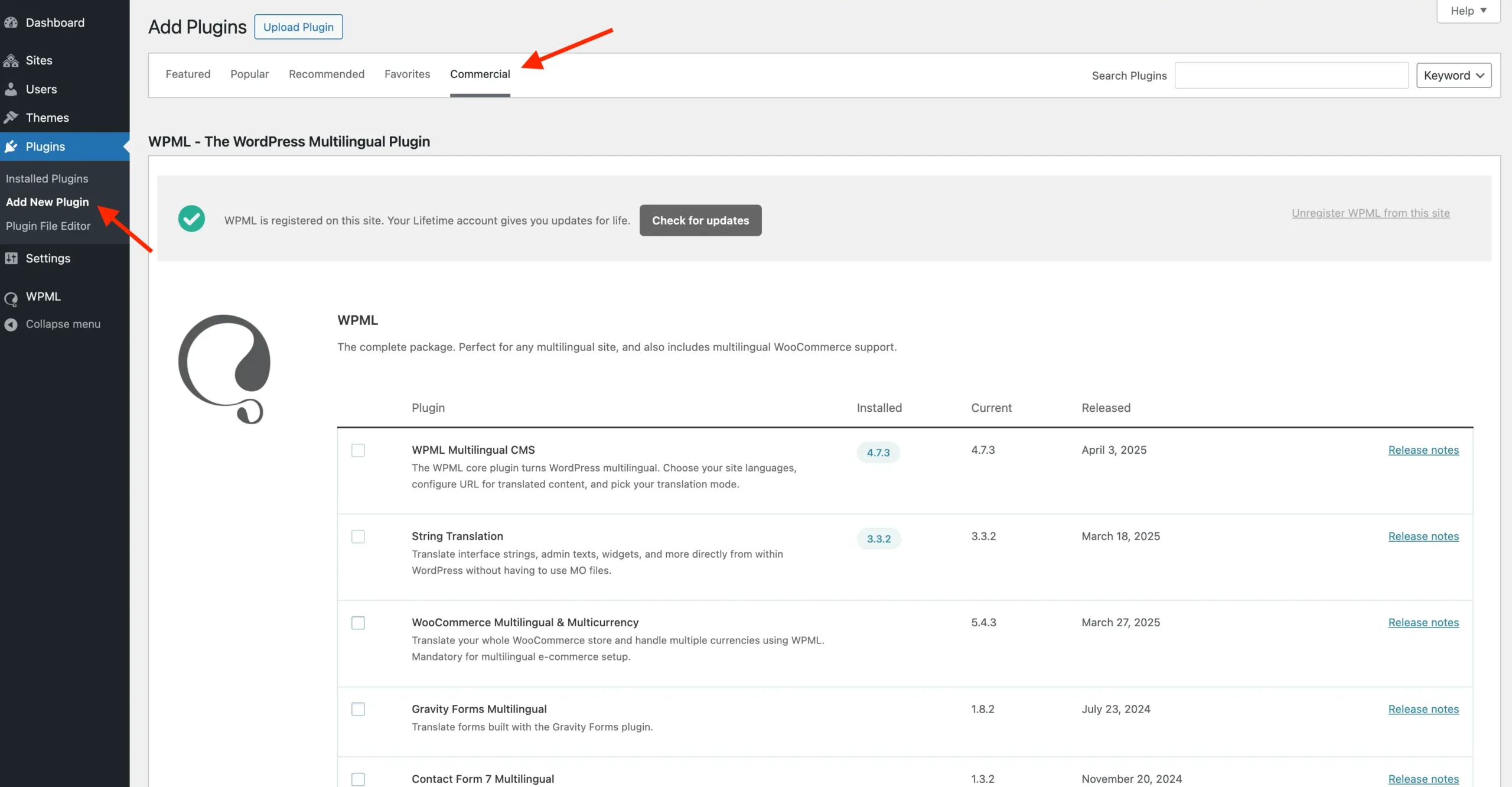 WPML install addons dashboard