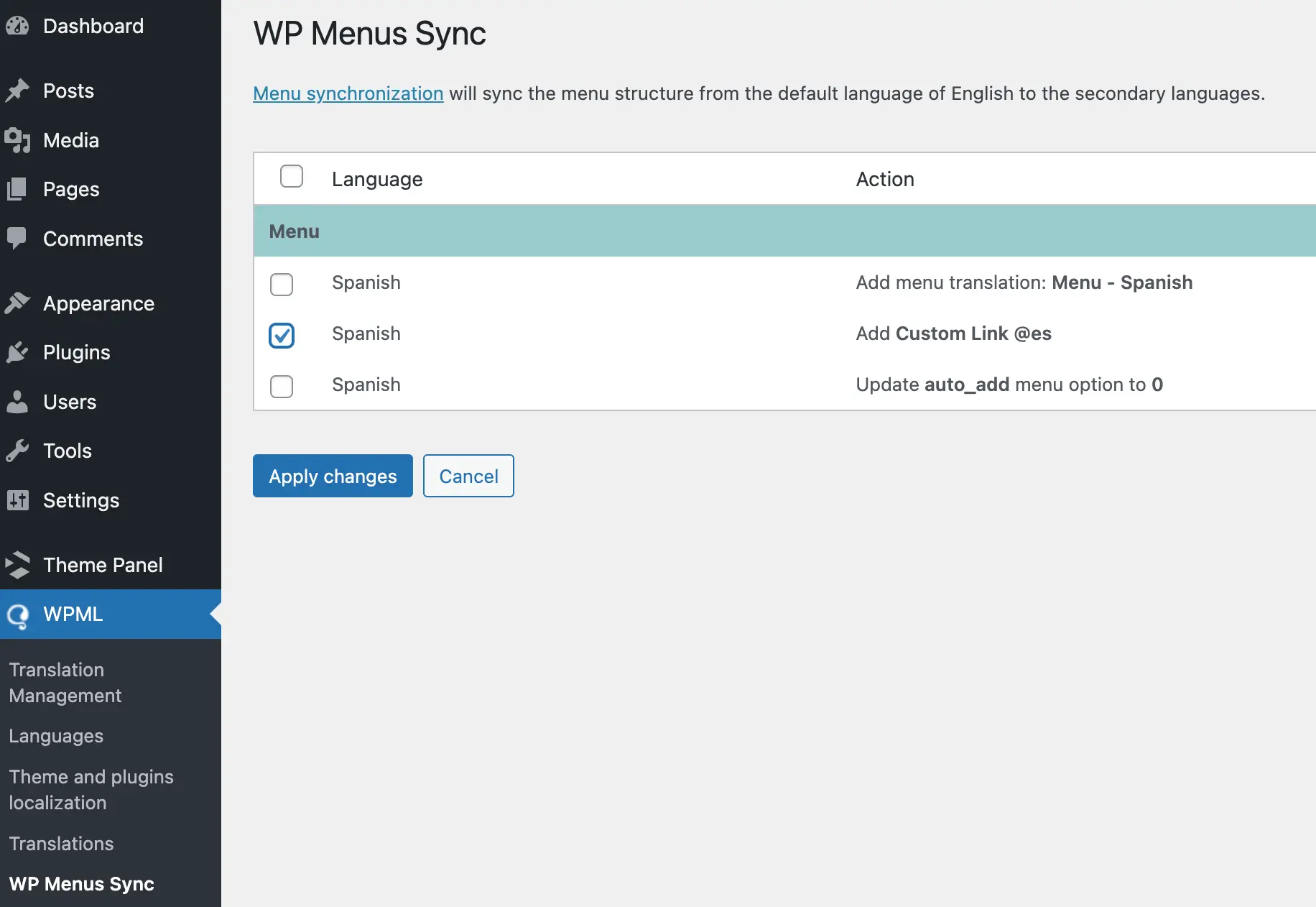 WPML WP Menus Sync panel