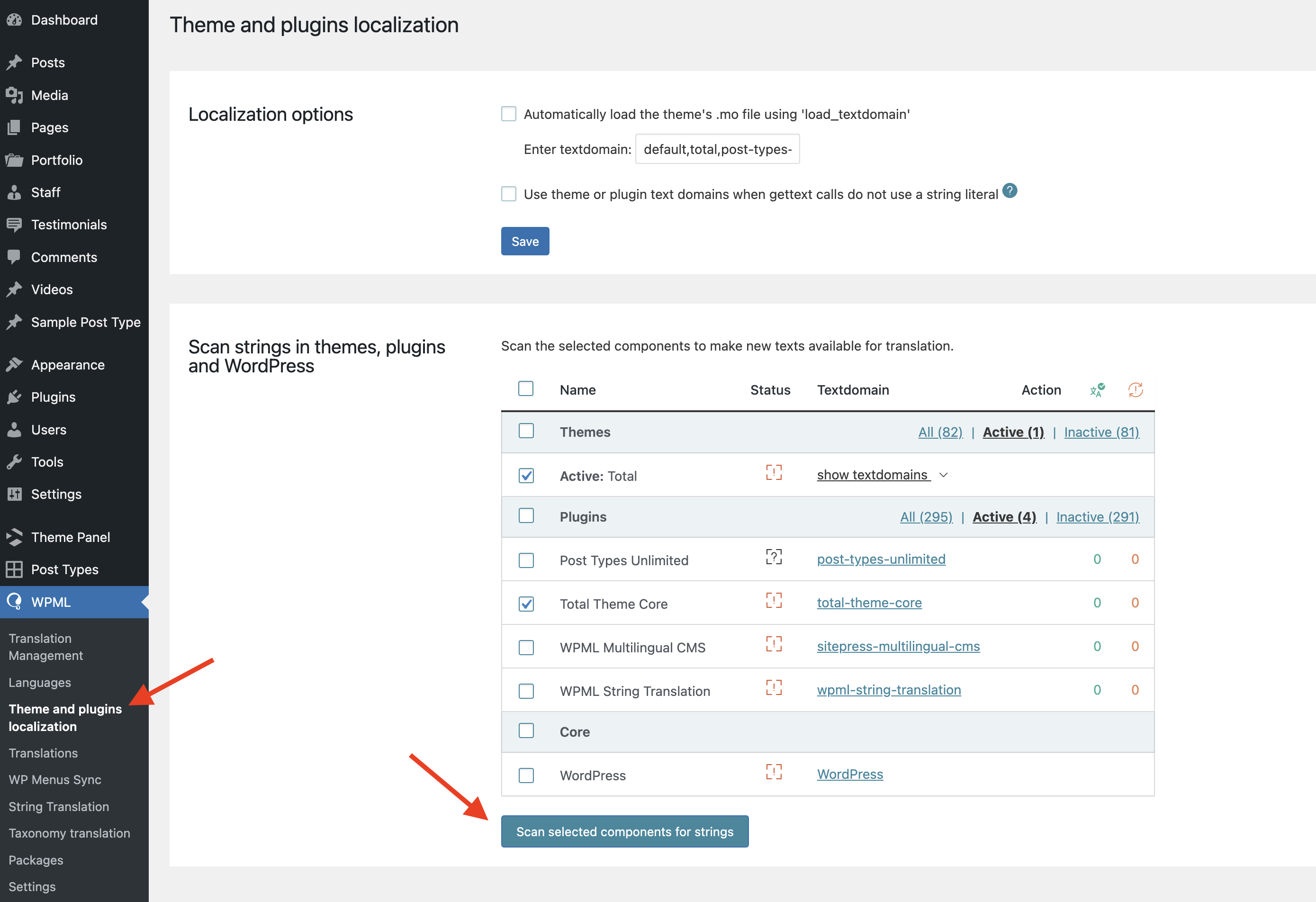 WPML theme and plugin localization page