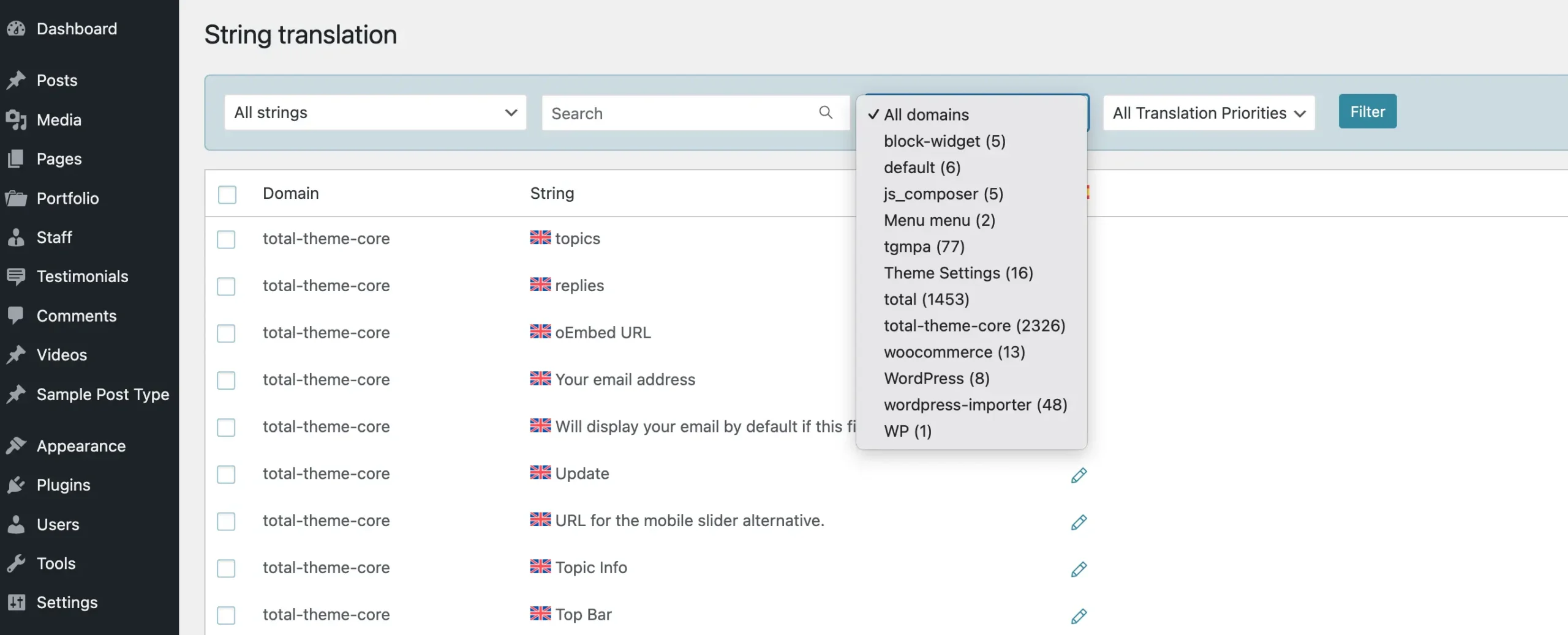 WPML string translation domains select